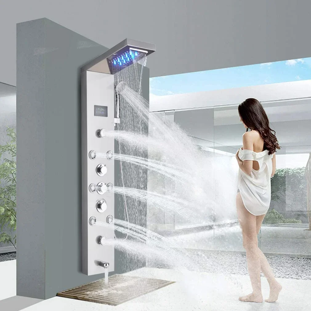 Zovajonia LED Shower Panel Tower System ,  6-Functions Stainless Steel Shower Tower ，Waterfall Showerhead，Shower Jets, Rain Shower System Bru 0288