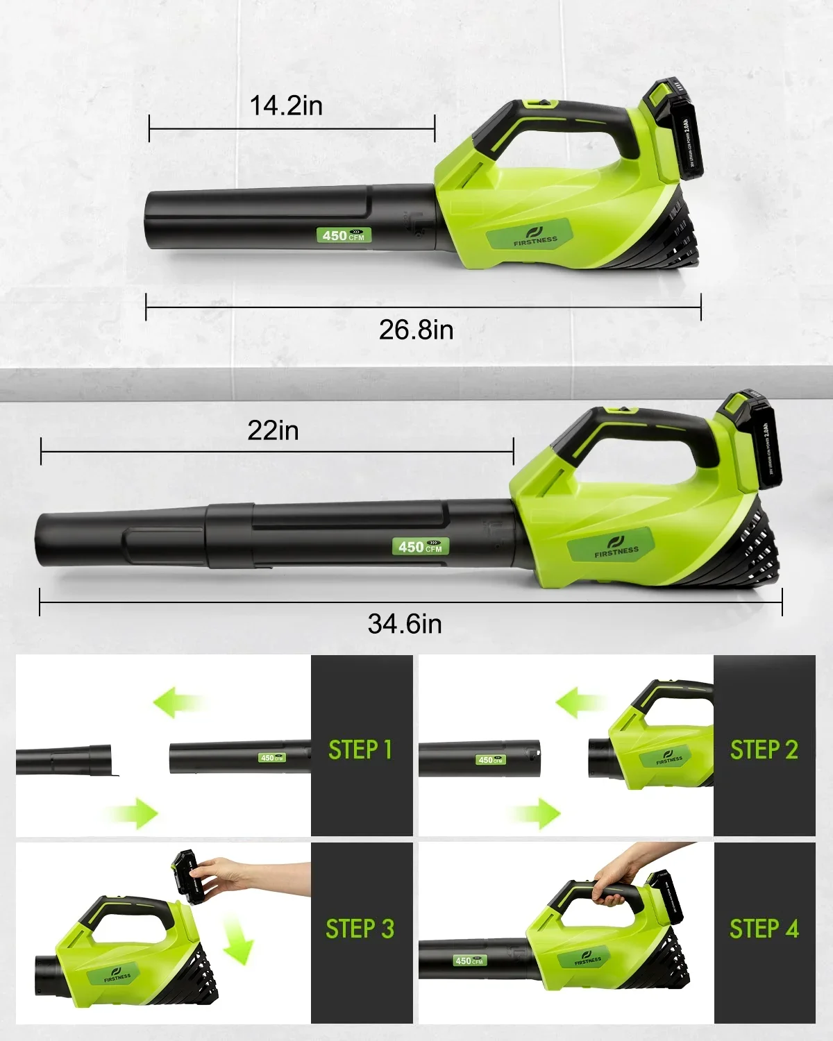 Firstness Cordless Leaf Blower, 20V Leaf Blower with 2 Batteries & Charger, Up to 450CFM/145MPH, 2 Variable Speed, Lightweight for Blowing Leaves 1984