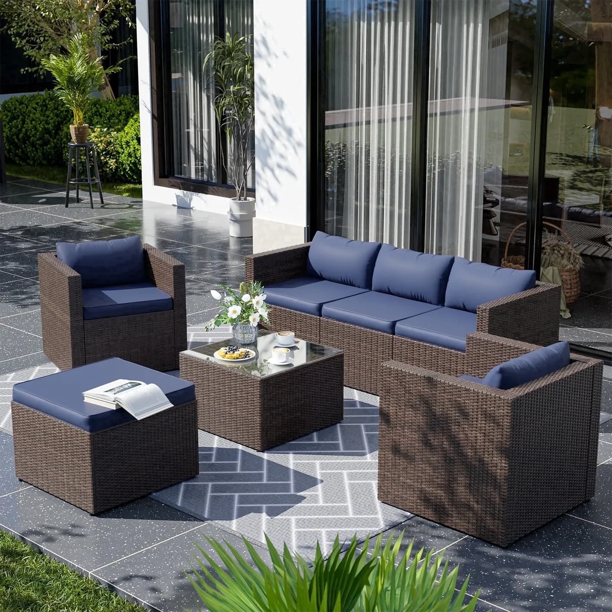 AMOPATIO 7-Piece Patio Furniture Set, Outdoor Patio Sectional Furniture All-Weather Rattan Wicker Patio Conversation Set Outdoor Furniture for Ba 4068