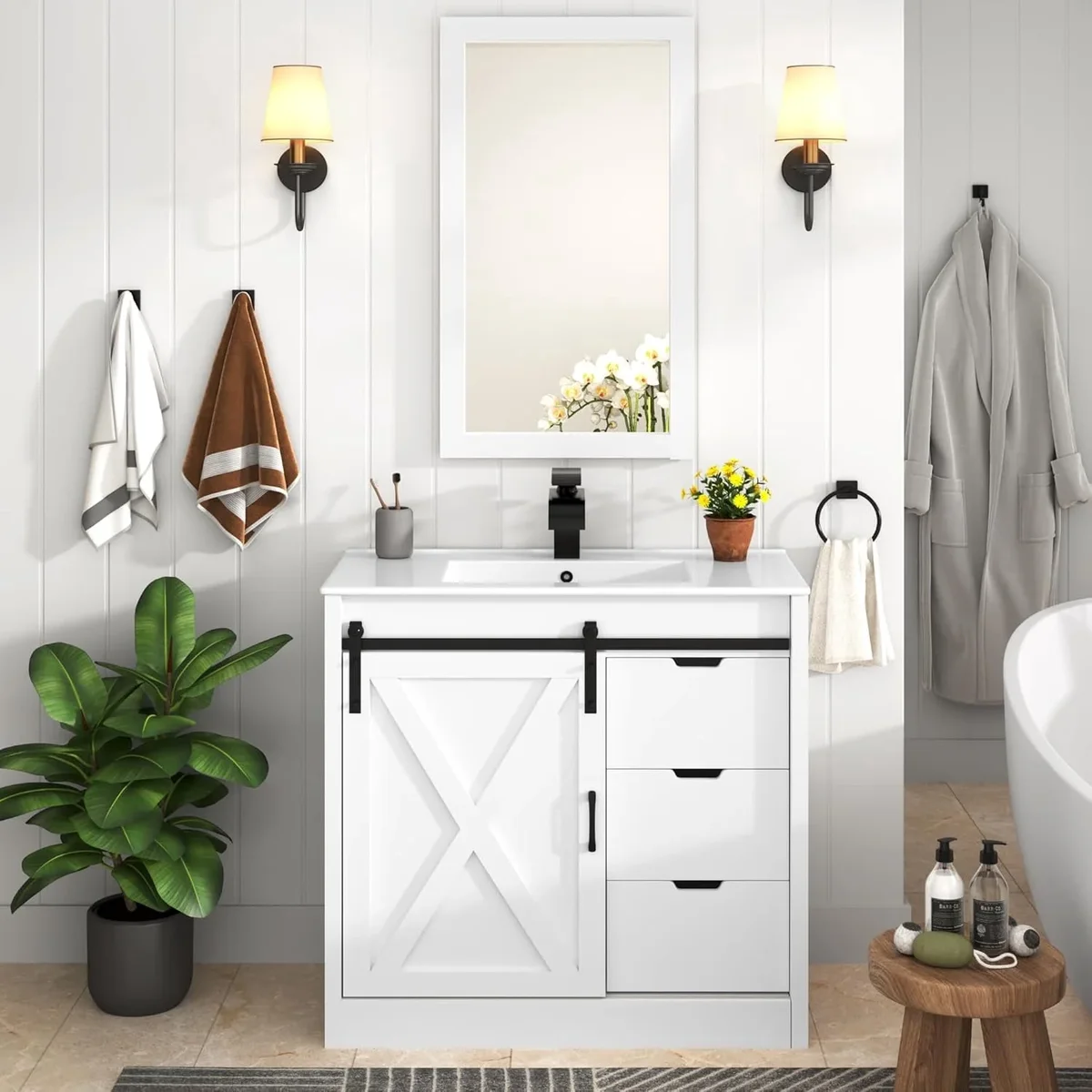 Blotout 36" Bathroom Vanity with Sink & Faucet & Mirror, Farmhouse Bathroom Vanity Cabinet Set with Sliding Barn Door & 3 Drawers, Freestanding S 3535
