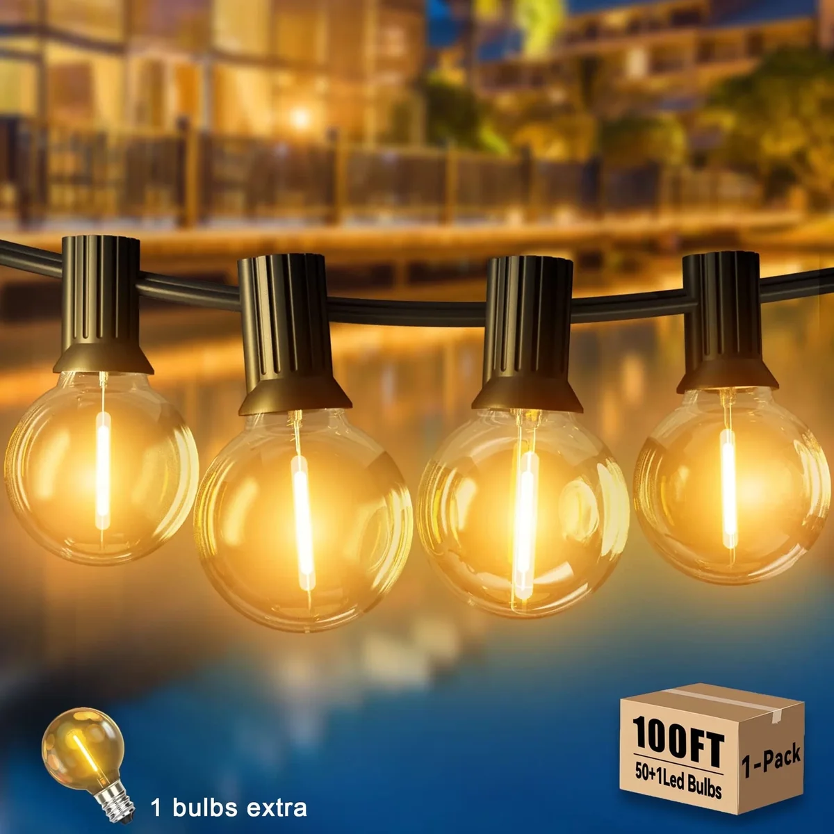 DAYBETTER Waterproof 100FT Outdoor String Lights, with 50 + 1 Plastic G40 , Connectable Shatterproof Outside Hanging Lights for Backyard Porch De 7845