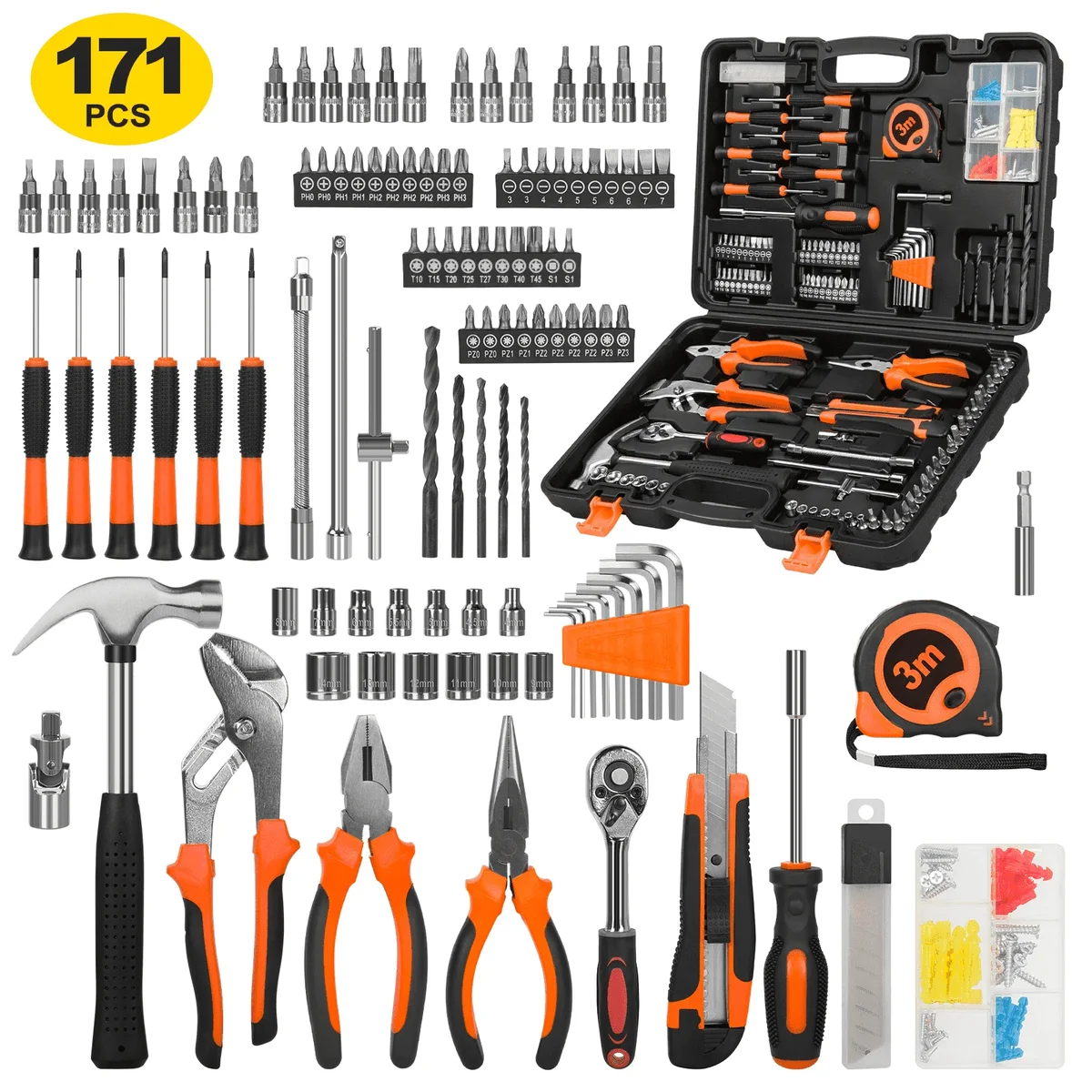 Cshidworld 171 Piece Socket Wrench Auto Repair Tool Combination Package 1/4" Ratchet Wrench, Household Tool Set General Mechanic Tool Kit and Soc 4767