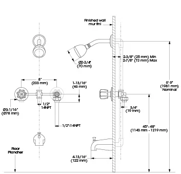 Everdaily Essentials 2-Handle Tub / Shower Complete Faucet Set with Swivel Showerhead, Polished Chrome Ref. 1156
