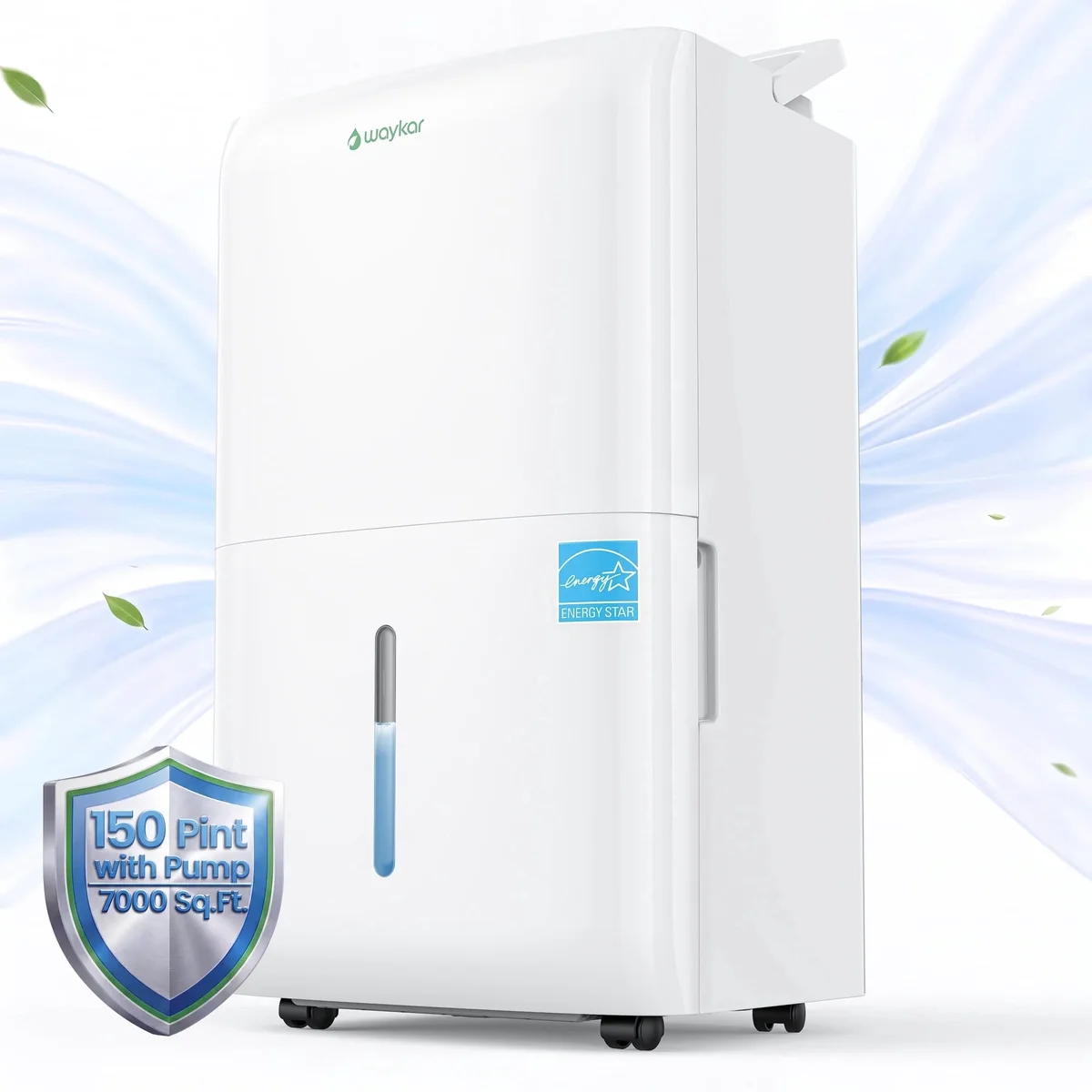 Waykar 7000 Sq. Ft. 150 Pint Dehumidifier with Built-in Pump for Home, No Daily Tank Emptying, Dehumidifier with Continuous Drain for Room & Base 2528