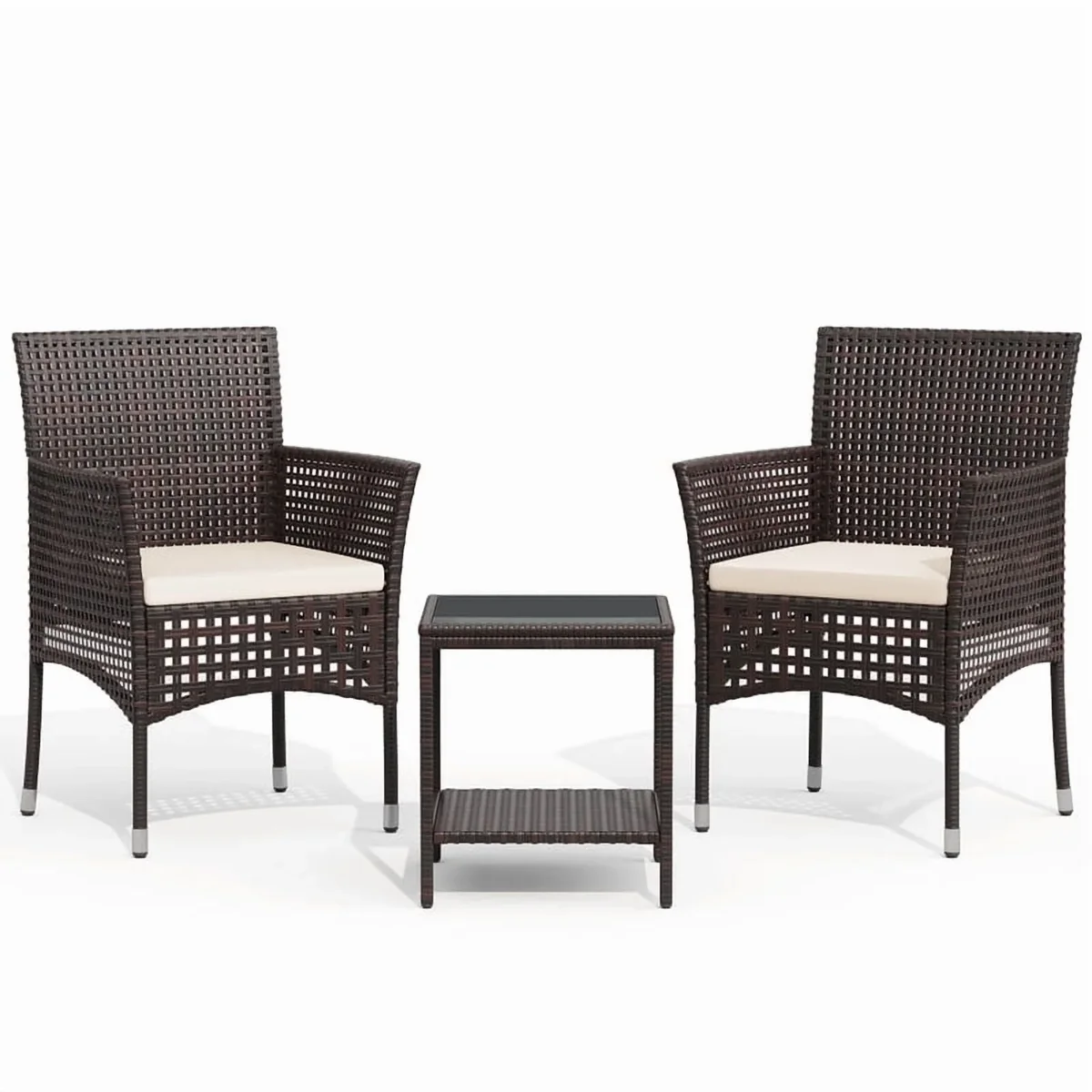 Lacoo 3 Pieces Outdoor Conversation Set Rattan Patio Furniture Bistro Chat Chairs Set of 2 with Table for Garden Porch, Brown 7772