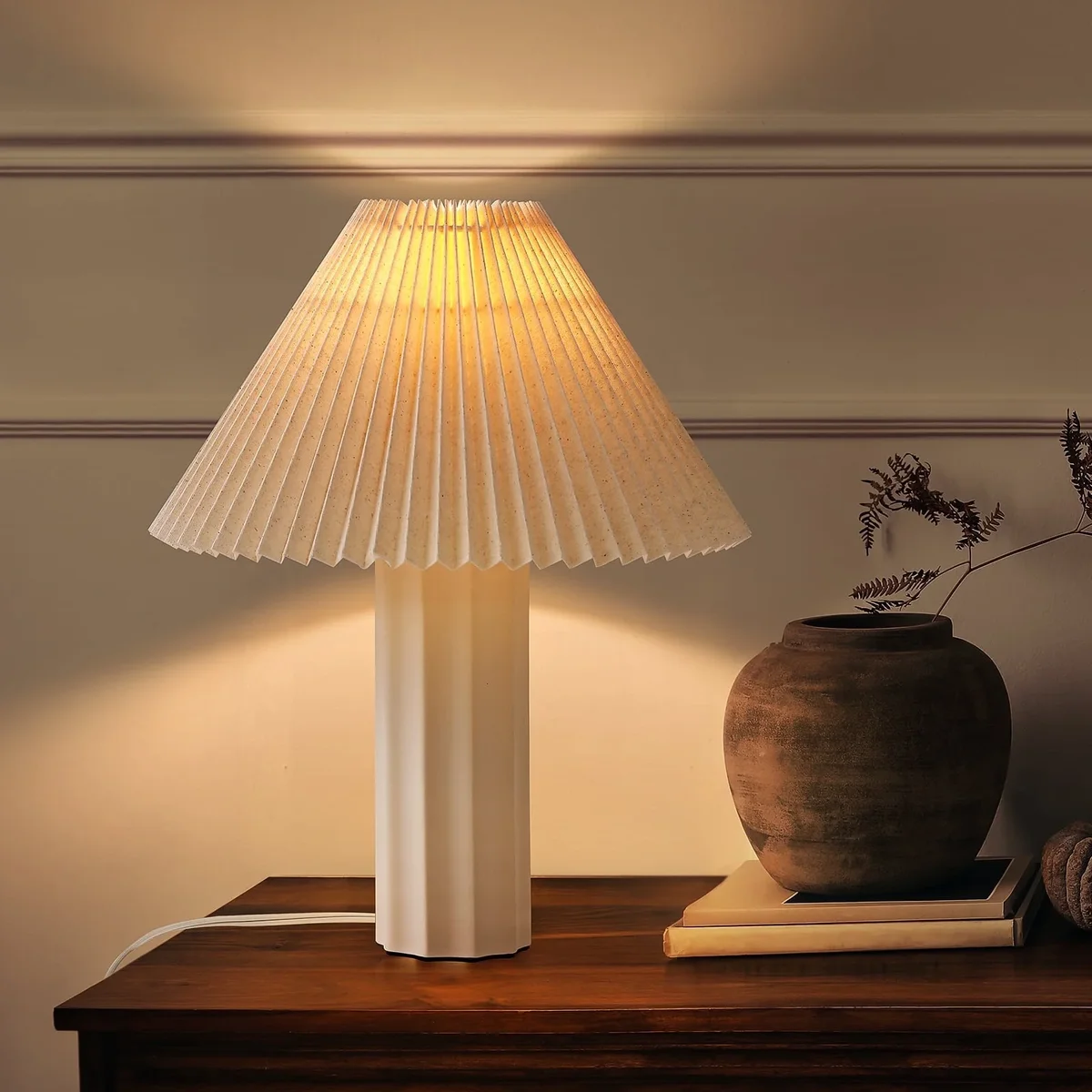 SUNMORY 17.5'' Ceramic Table Lamps with Pleated Fabric Lamp Shade, 3 Way Dimmable White Lamp, LED Nightstand Lamp for Bedroom, Living Room, Home  6566
