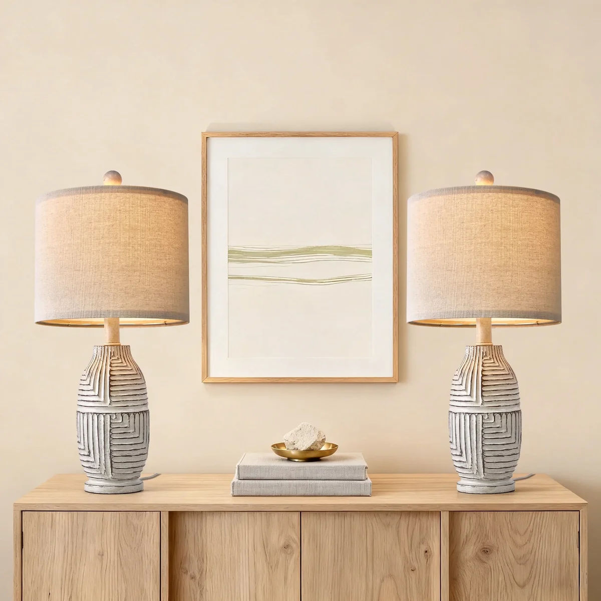 Everdaily Essentials 20.25" Farmhouse Table Lamps Set of 2 for Living Room,Resin Bedside Lamps with Beige Linen Drum Shade Ref. 9287