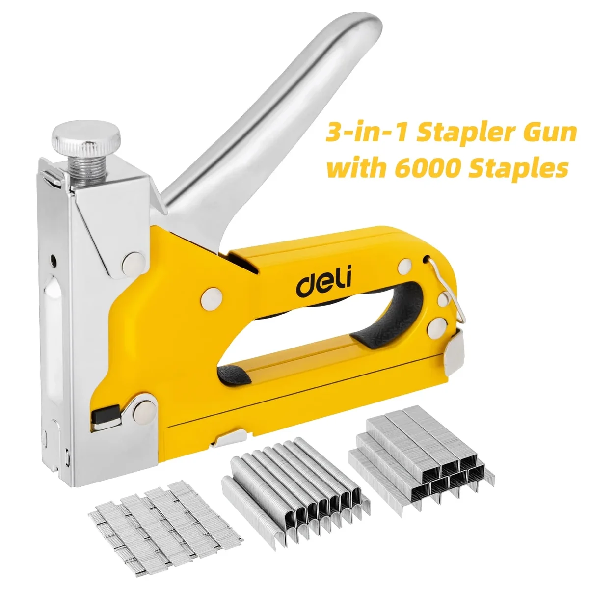 Deli Staple Gun, Heavy Duty Staple Gun, 3 in 1 Manual Nail Gun with 6000 Staples(D, U and T-Type), for Upholstery, Material Repair, Carpentry, De 8079