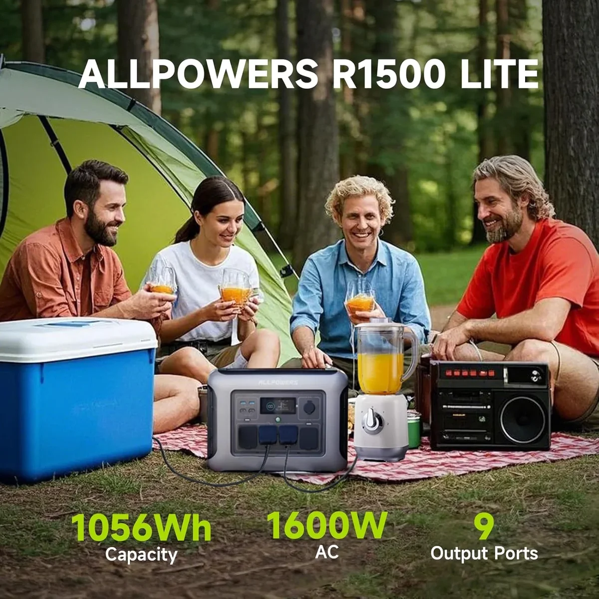 ALLPOWERS R1500 LITE Portable Power Station 1600W, 1056Wh LiFePO4 Battery Solar Generator with 35dB Ultra-Quiet Operation, 1Hr Fast Charge, 15ms  2729