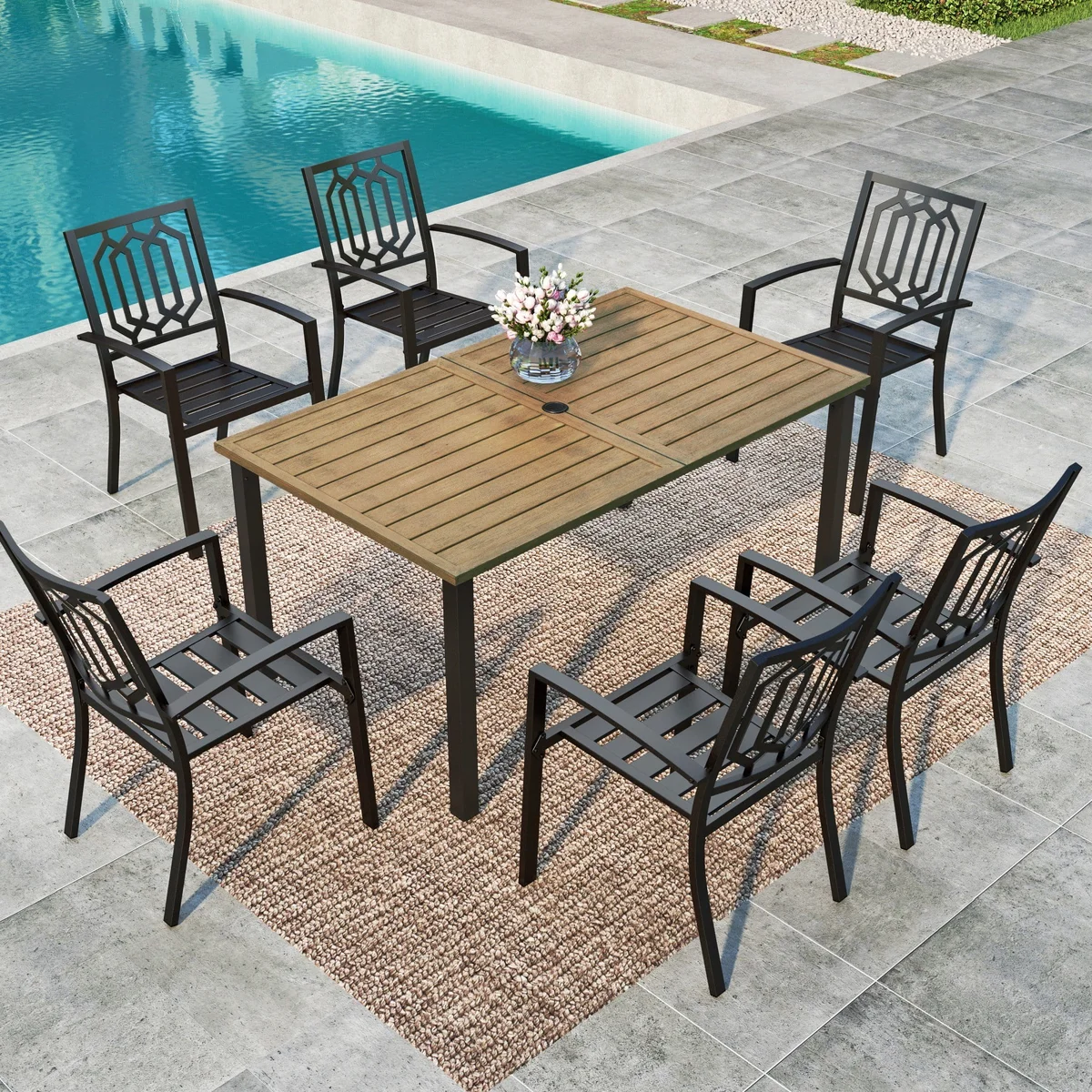 MF Studio 7-Piece Outdoor Patio Dining Set with Stacking Chairs & Wood-Grain Topped Table for 6-Person, Black 7365