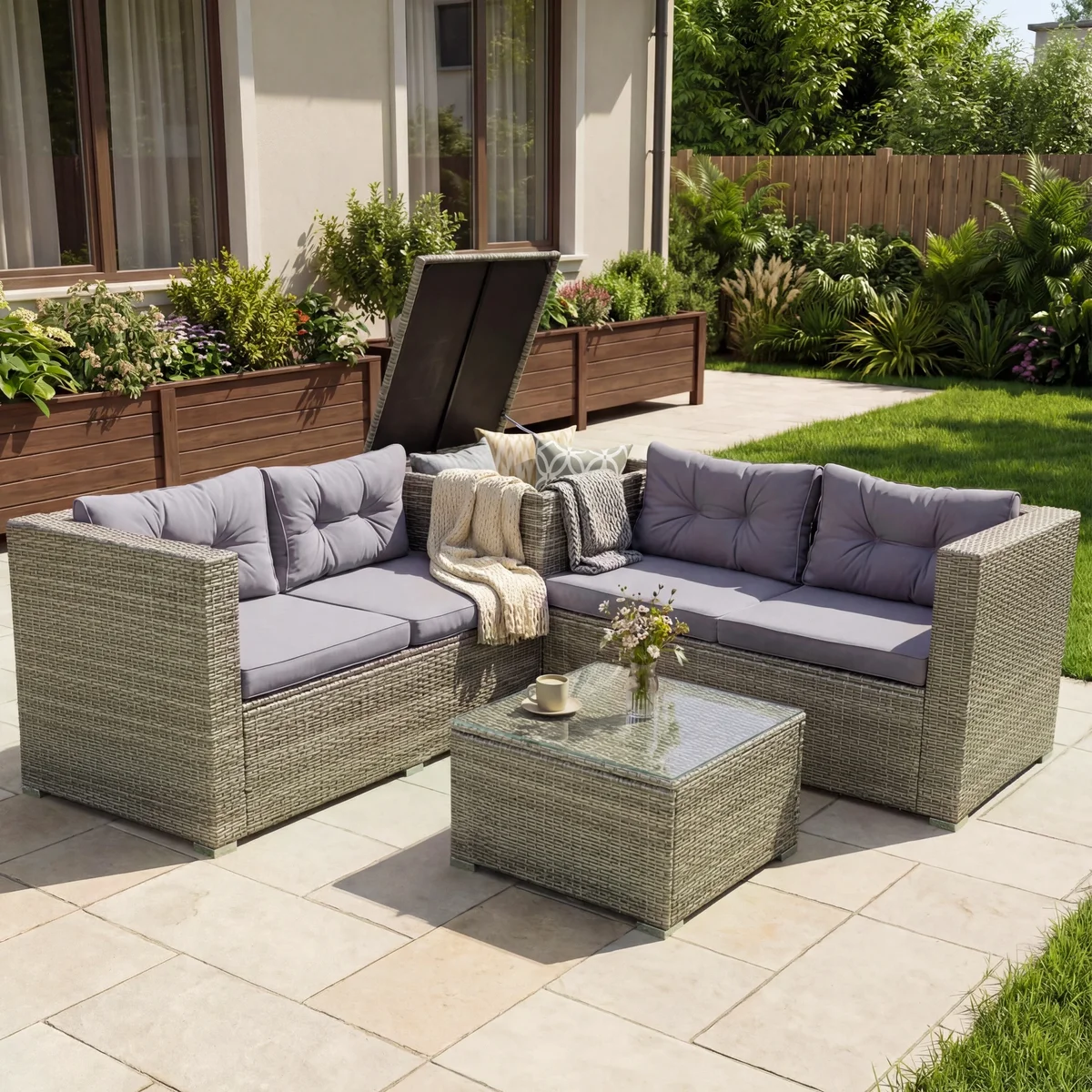 SEGMART 4 Piece Patio Furniture Set, All-Weather Outdoor Sectional Sofa Set, PE Rattan Conversation Set with Storage Box, Table & Cushions, Wicke 0377