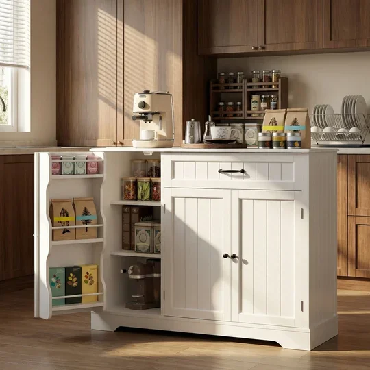 Aiho 42” Coffee Bar Cabinet with Storage, Kitchen Storage Cabinet, Sideboard Buffet Cabinet with 8 Shelves, 1 Drawer - White 7225