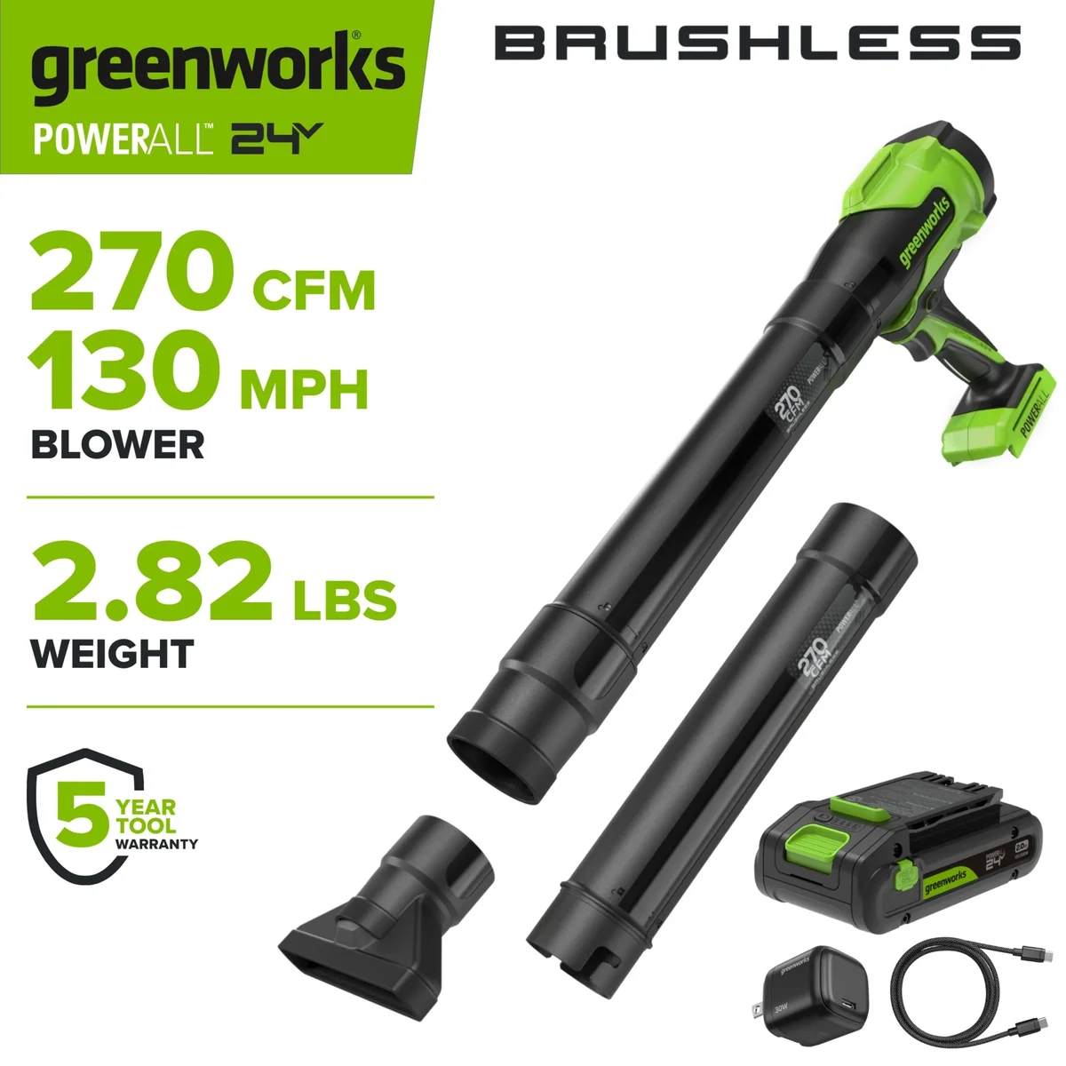 Greenworks 24V 270 CFM Pistol Grip Blower with (1) 3.0 Ah Battery and Charger, BL1032HA1 3948