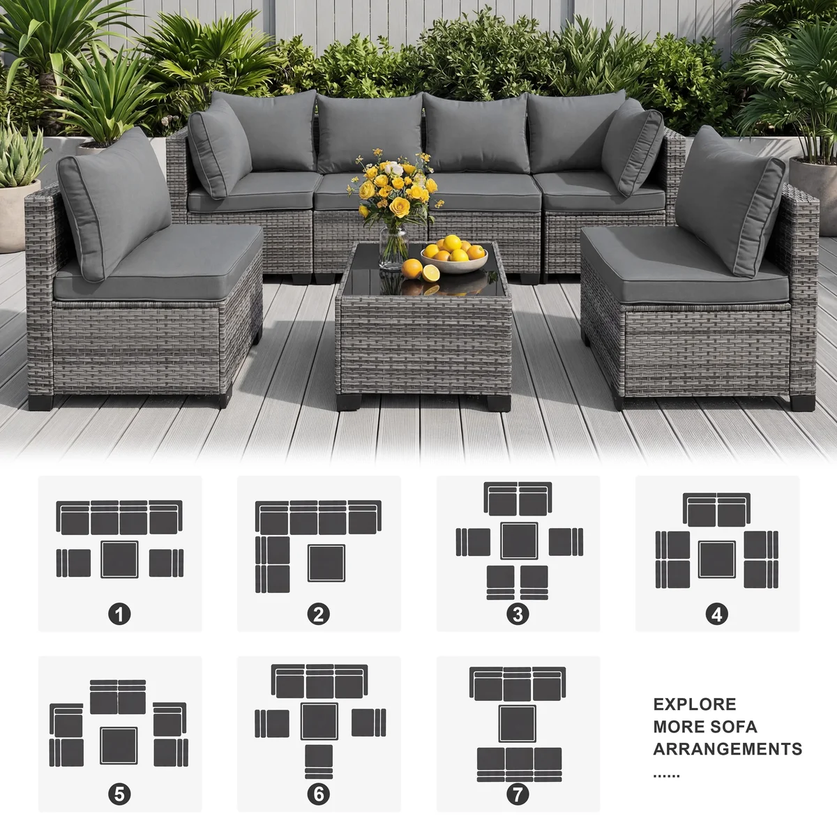 MOLIBYME 7 Pcs Outdoor Patio Furniture Set, Modular Outdoor Sectional Wicker Conversation Set, Rattan Sofa Set with Glass Table and Washable Cush 9494
