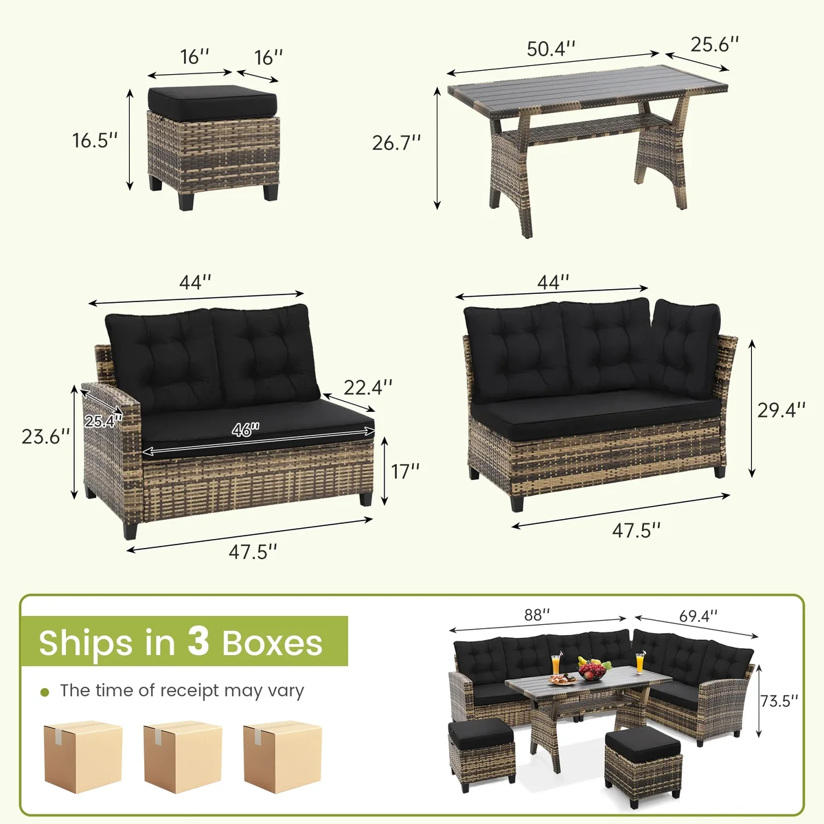 LOGYAT 6 Piece All Weather Outdoor Sectional Set, with 2 Sofas, 2 Ottomans with 1 Table, Patio Conversation Furniture for Deck, Garden, Natural W 1751