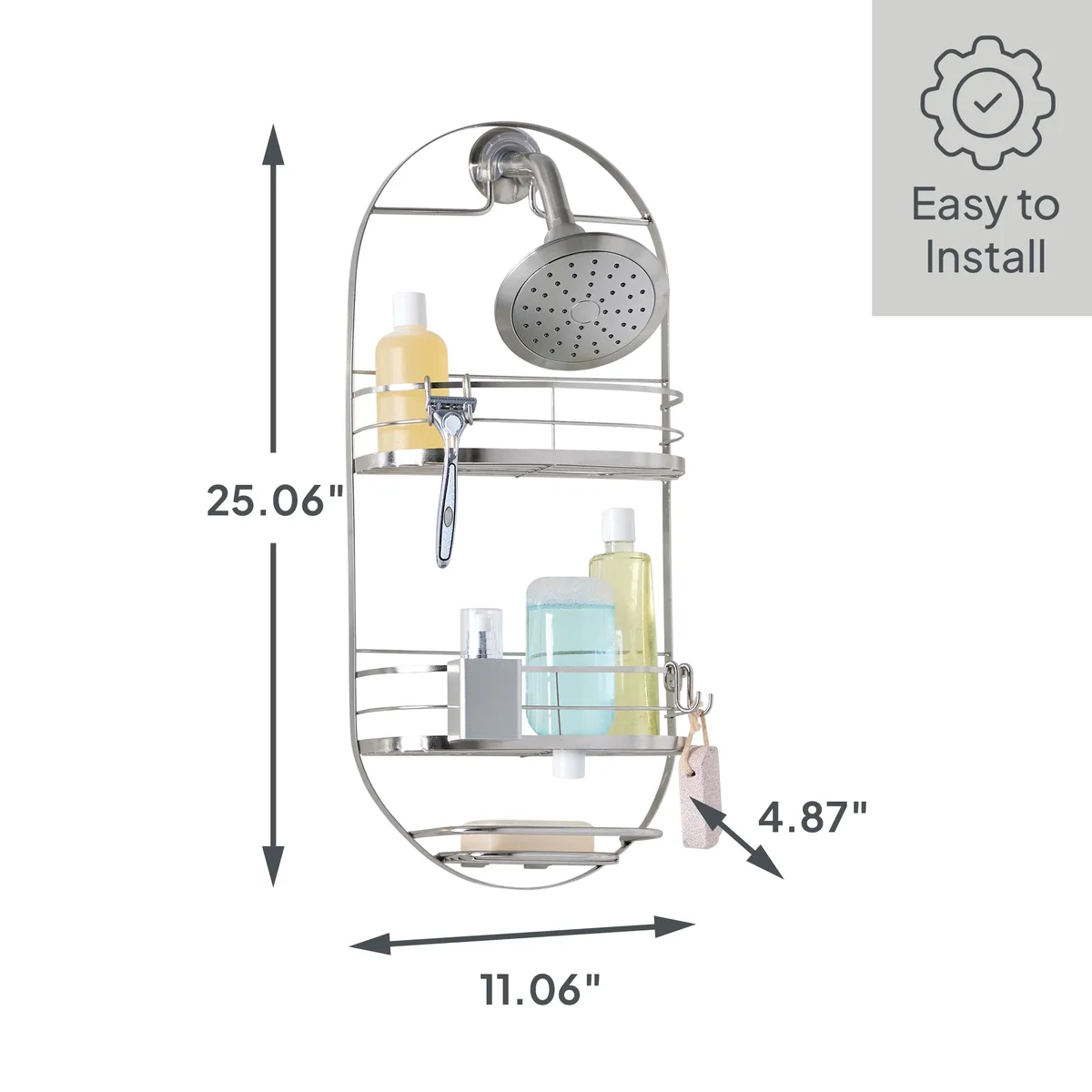 Better Homes & Gardens Satin Nickel 2-Shelf Oval Hanging Shower Caddy with Rust Resistance and Soap Tray 0538