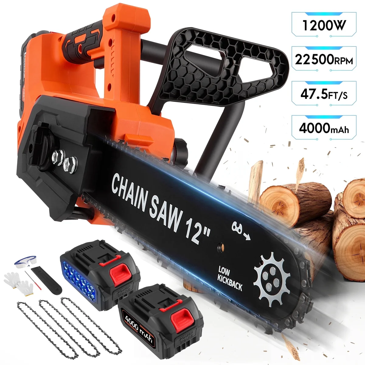 RELOIVE 12" Chainsaw, Cordless battery Chainsaw with 2x 4.0Ah Batteries , Electric Chainsaw with 1200W Brushless Motor, Automatic Lubrication, Po 2407