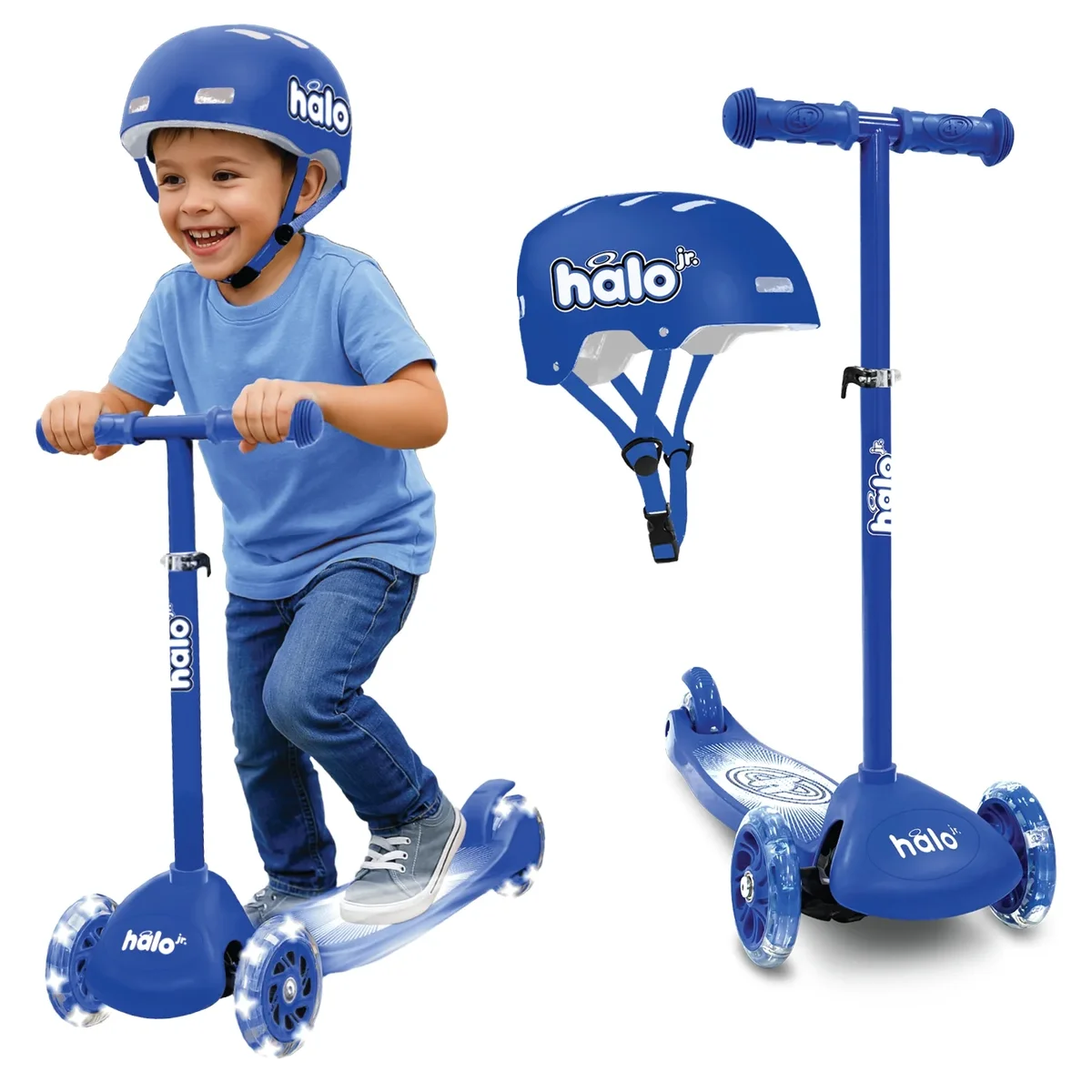 HALO Rise Above Jr 3 Wheel Toddler Scooter and Helmet Set - Blue 2+ - Light up Wheels and Adjustable Helmet 5240