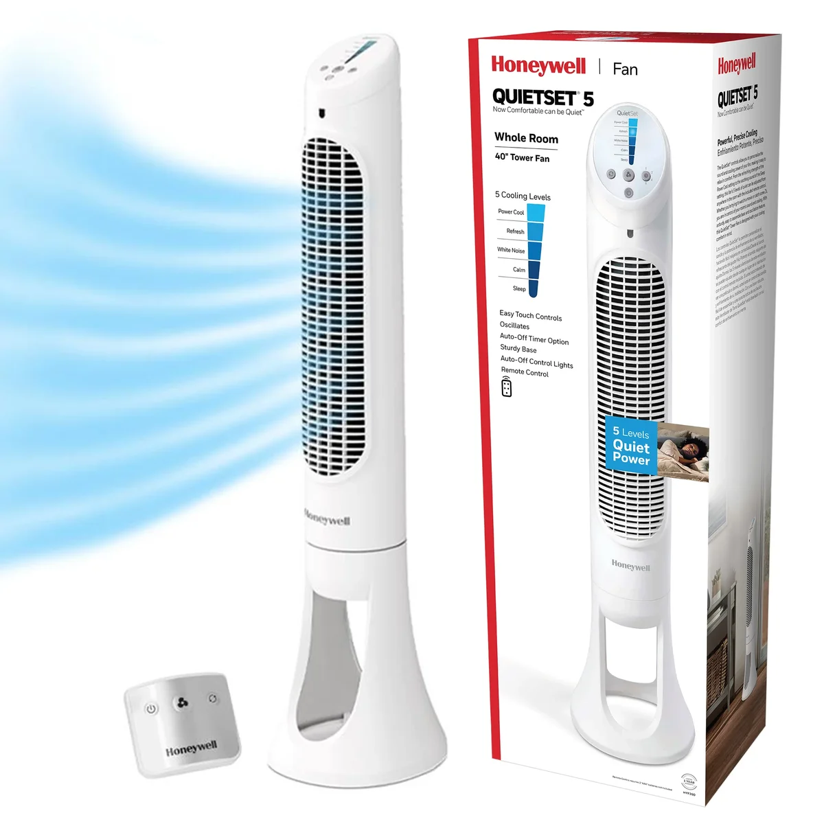 Honeywell 40" White Quiet Set Oscillating Tower Fan, 30ft Air Circulation Power, 5 Speed, Auto Off Timer, HYF260W 5328