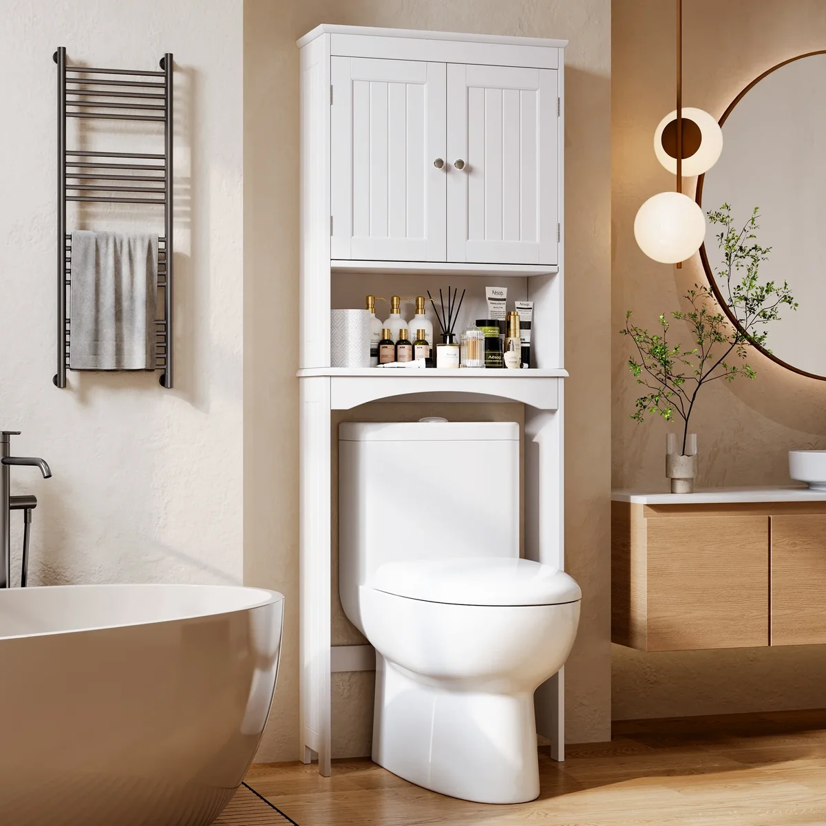 Asofer Over the Toilet Storage Cabinet, Asofer Bathroom Space Saver Organizer above Toilet with Adjustable Shelf & 2 Doors, White 6331