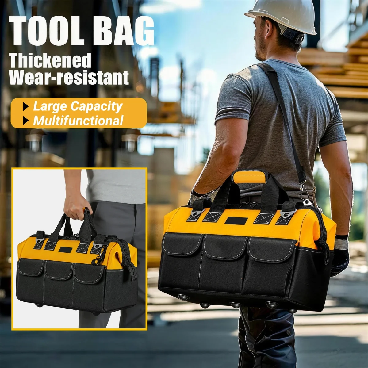 VigorGuard_US Tool Bag,18 Inch Heavy Duty Tool Storage Organizer Bags with Shoulder Strap and Storage Box for Home DIY & Equipment Storage,Yellow 5163