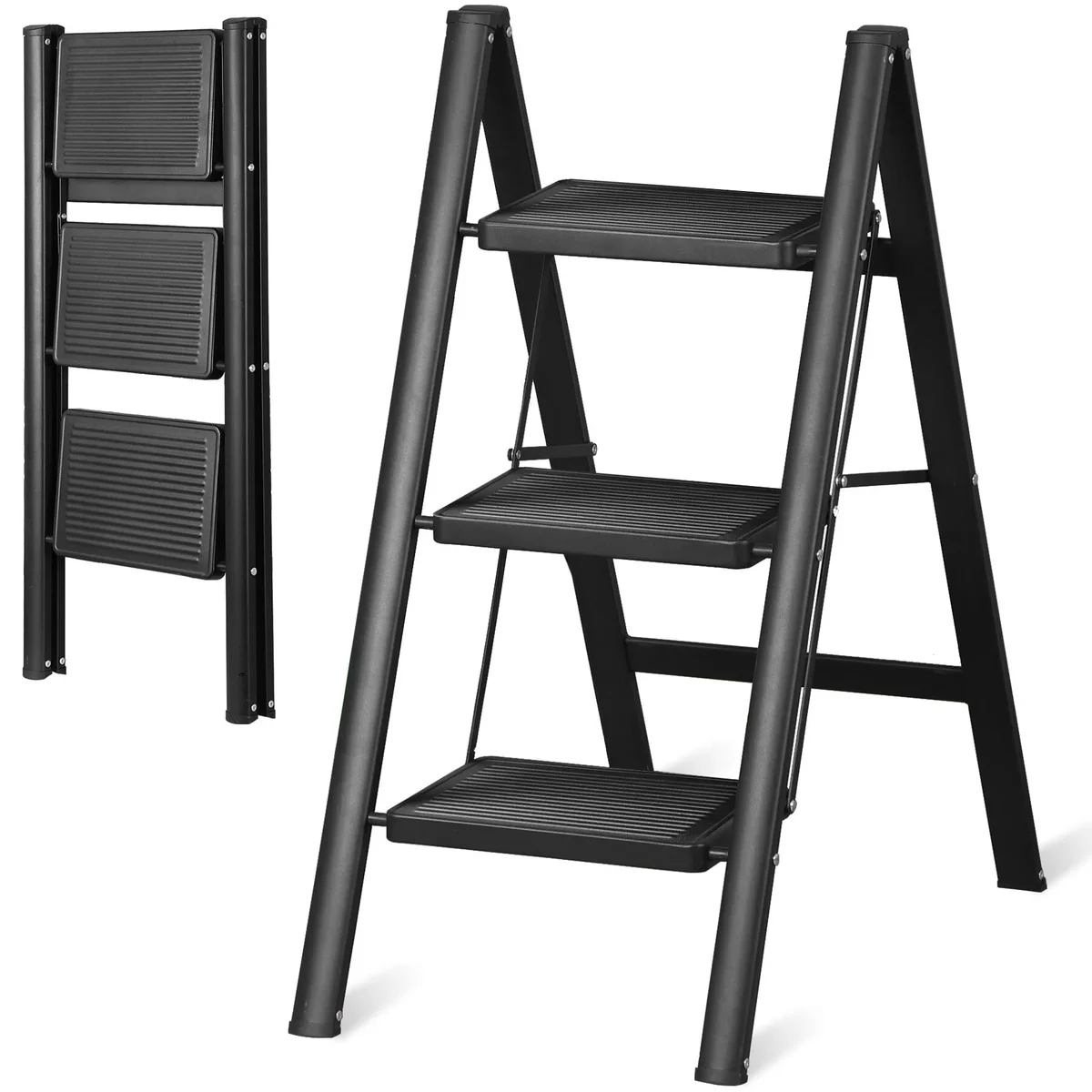 HomGarden 3-Step Ladder Folding Steel Step Stool Wide Pedal Anti-Slip Max.330lbs for Home Kitchen Garage, Black 5257