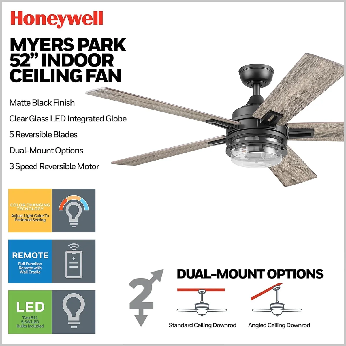 Everdaily Essentials Myers Park 52" Ceiling Fan w/ Remote, & Reversible Blades, Matte Black Ref. 8371