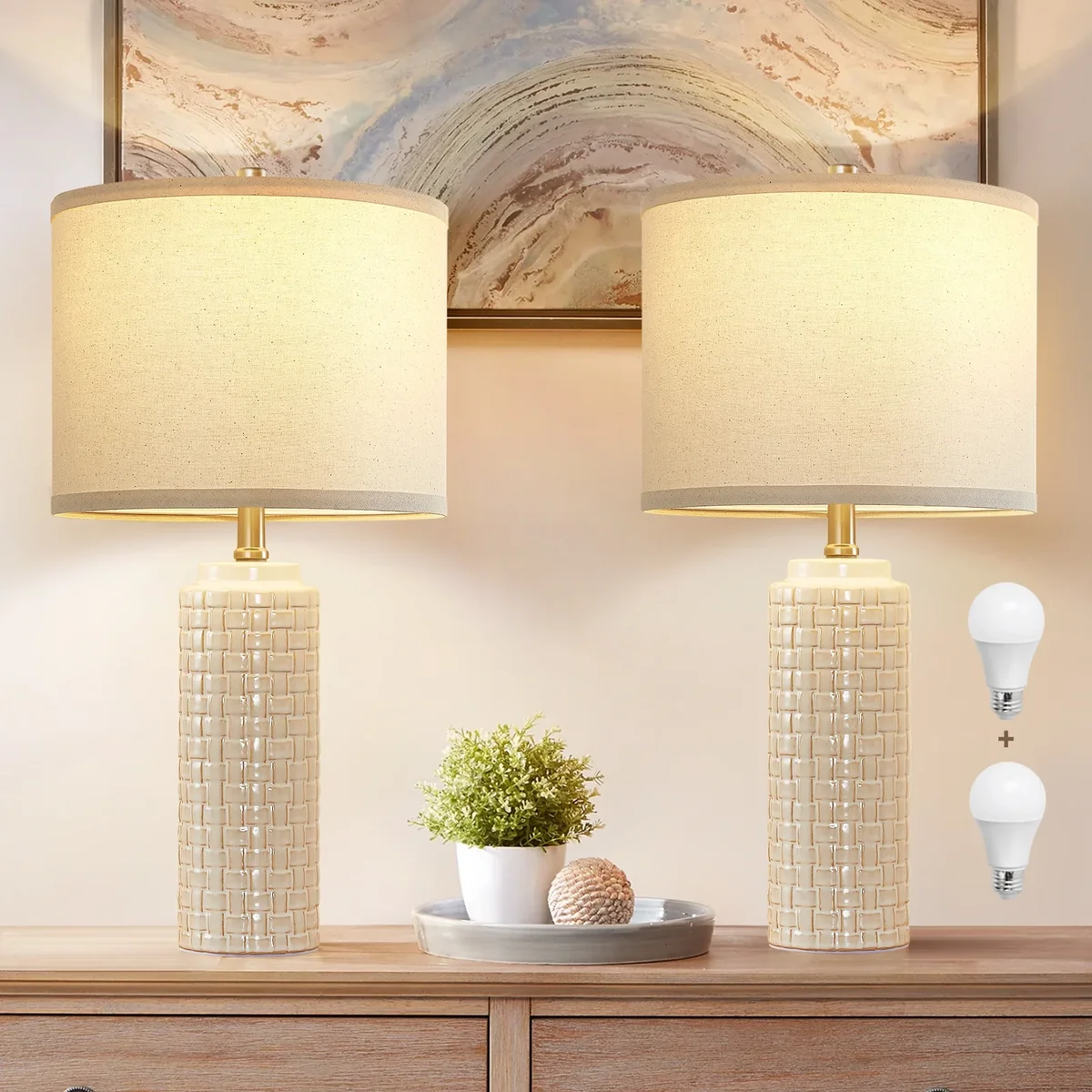 NATYSWAN 24.8" Modern Ceramic Bedside Lamp Set of 2, 3 Color Temperature Bulbs Included - Farmhouse Nightstand Lamps for Living Room Bedroom End  4608