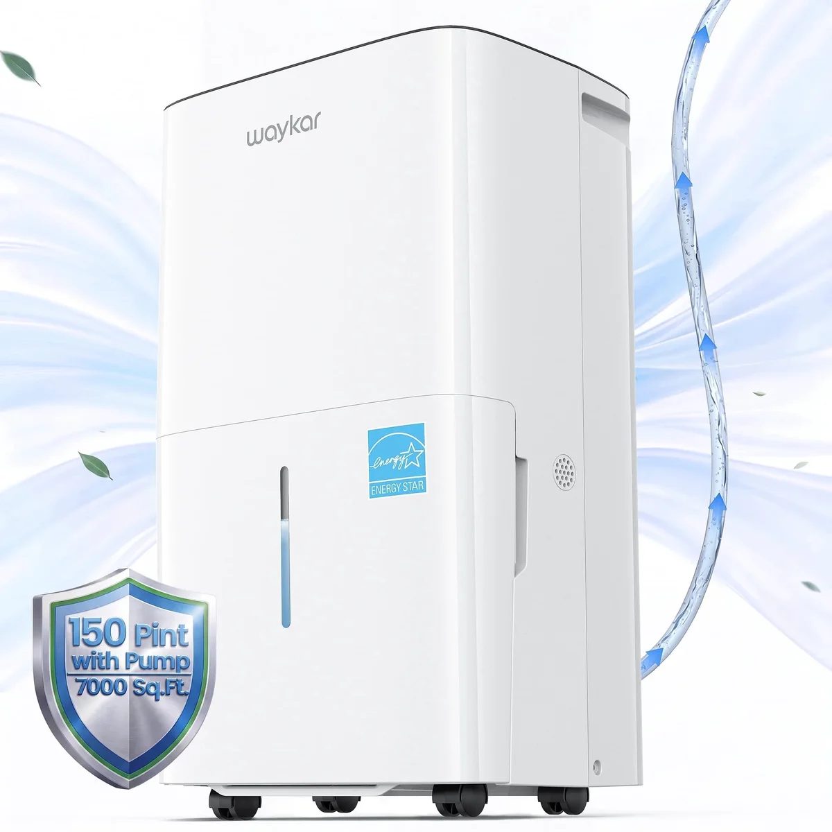 Waykar 7000 Sq. Ft. 150 Pint Dehumidifier with Built-in Pump, No Daily Emptying, Continuous Auto Drain for Basements & Whole House, 50 Pint DOE,  1034