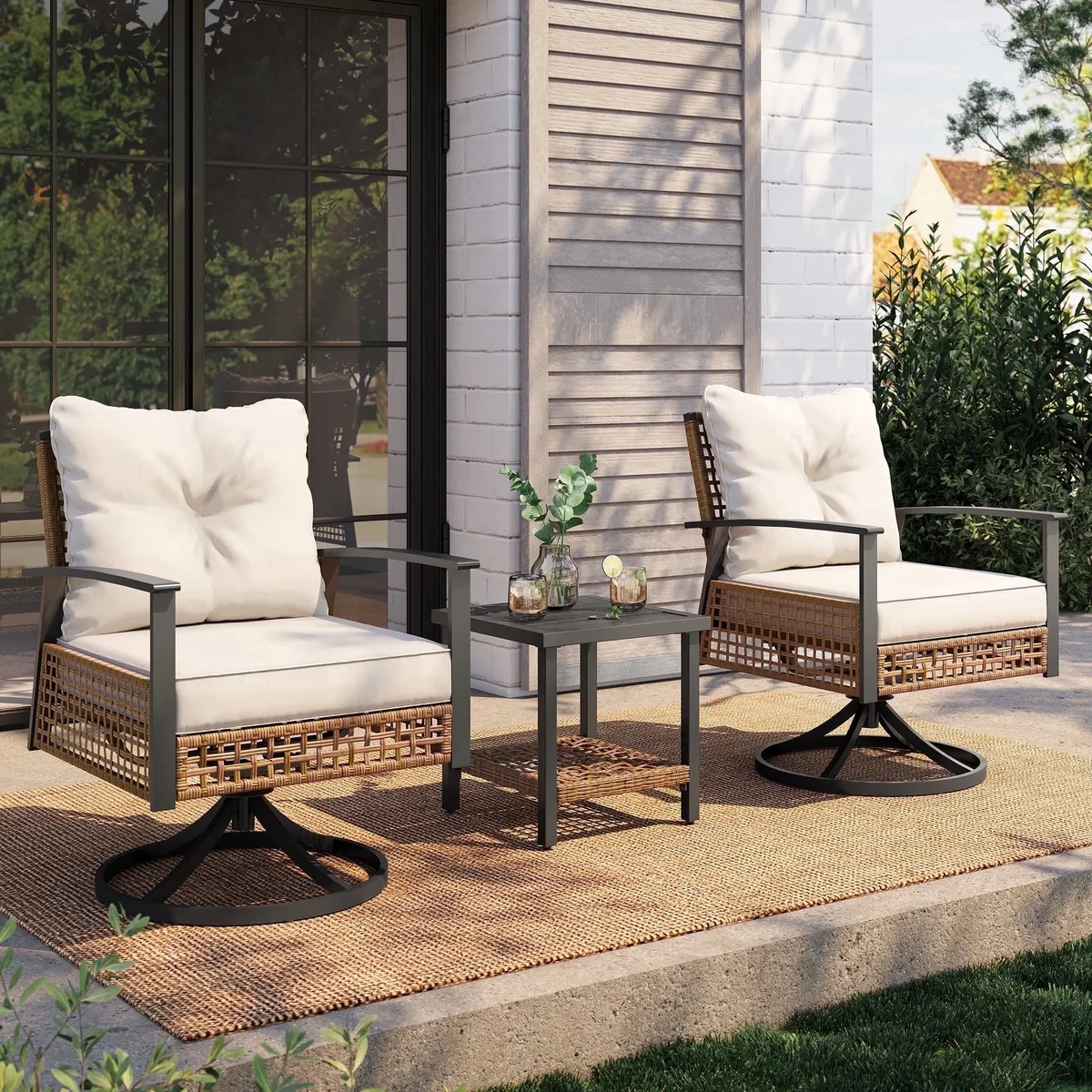 LAUSAINT HOME 3 Pieces Patio Outdoor Furniture Set with 2-Tier Coffee Table, PE Wicker Swivel & Rocking Chairs with Beige Cushions for Garden 2604