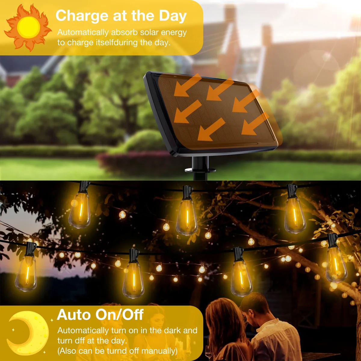 DAYBETTER 100FT Solar String Lights Outdoor, Waterproof Hanging Lights with 24 Shatterproof Bulbs, Dimmable, for Outside, Camping, Yard, Party De 4075