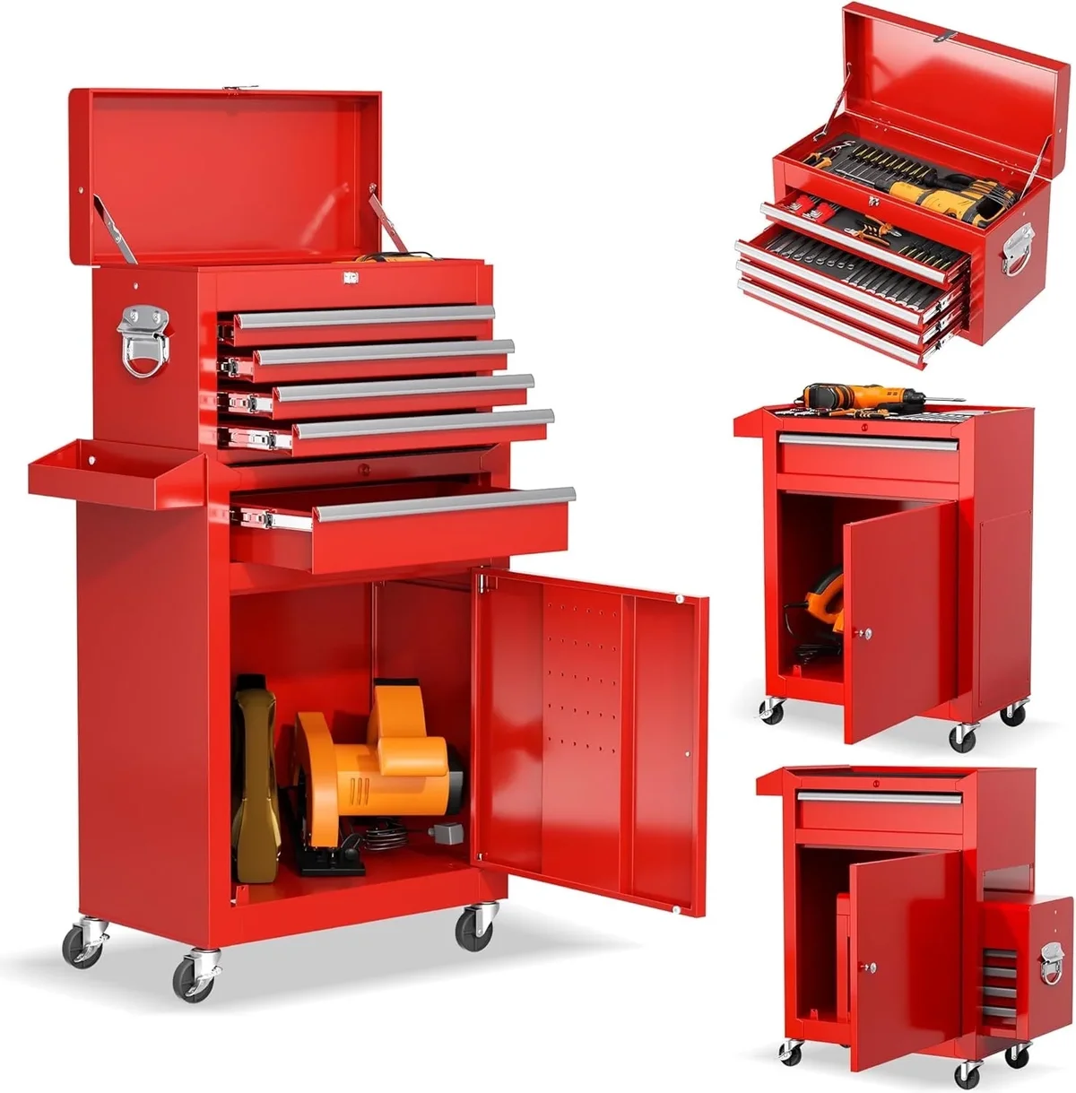 SOLAURA 5-Drawer Rolling Tool Chest Cabinet Metal Tool Storage Box Lockable with Wheels, Red 9262