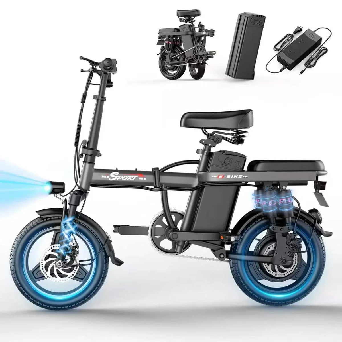 ASKGO Electric Bike for Adults,  Electric Bicycle with 48V Removable Battery,14" Folding Ebike, 20MPH,30+ Miles(MAX),500W High Motor,Multi-Shock Absorp 7291