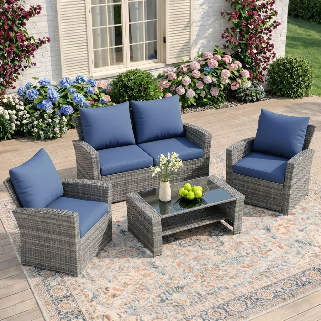 UDPATIO Wicker Patio Furniture Set, 4 Piece Outdoor Conversation Sets with Loveseat, 2 Single Chairs and Glass Coffee Table, for Backyard, BLUE 0122