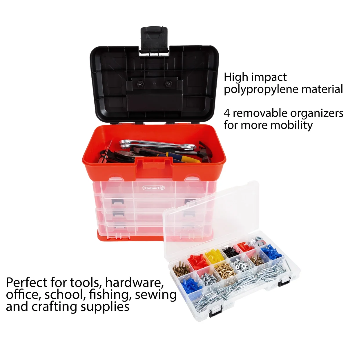Stalwart Portable Tool Storage Box - Small Parts Organizer with 4 Multi-Compartment Trays for Fishing Tackle, Hand Tools, or Craft Supplies -(Red 2113