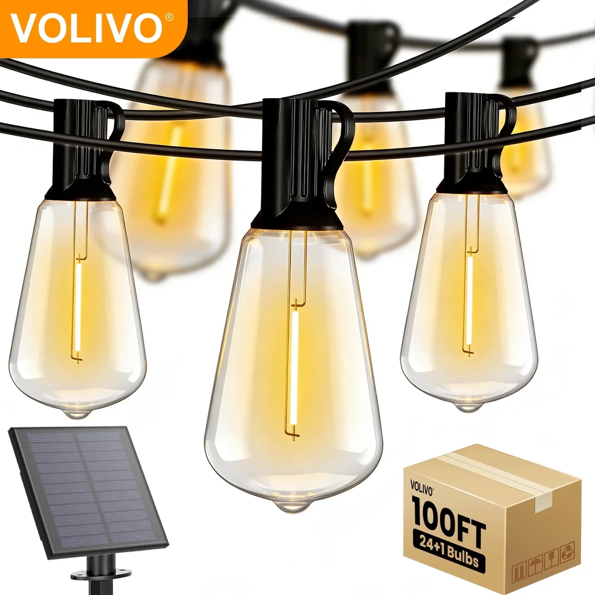 VOLIVO Solar Outdoor String Lights 100FT, Shatterproof Patio Lights with 24 ST38 Vintage Edison Bulbs, Solar Hanging Lights, for Porch, Deck, Gar 3772