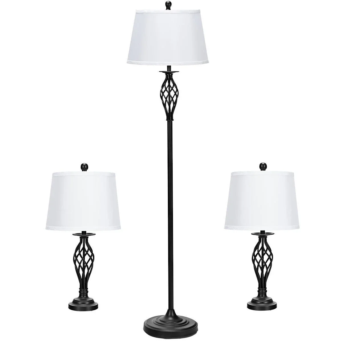 Gymax 3-Piece Lamp Set 2 Table Lamps 1 Floor Lamp Fabric Shades Living Room Bedroom 2390