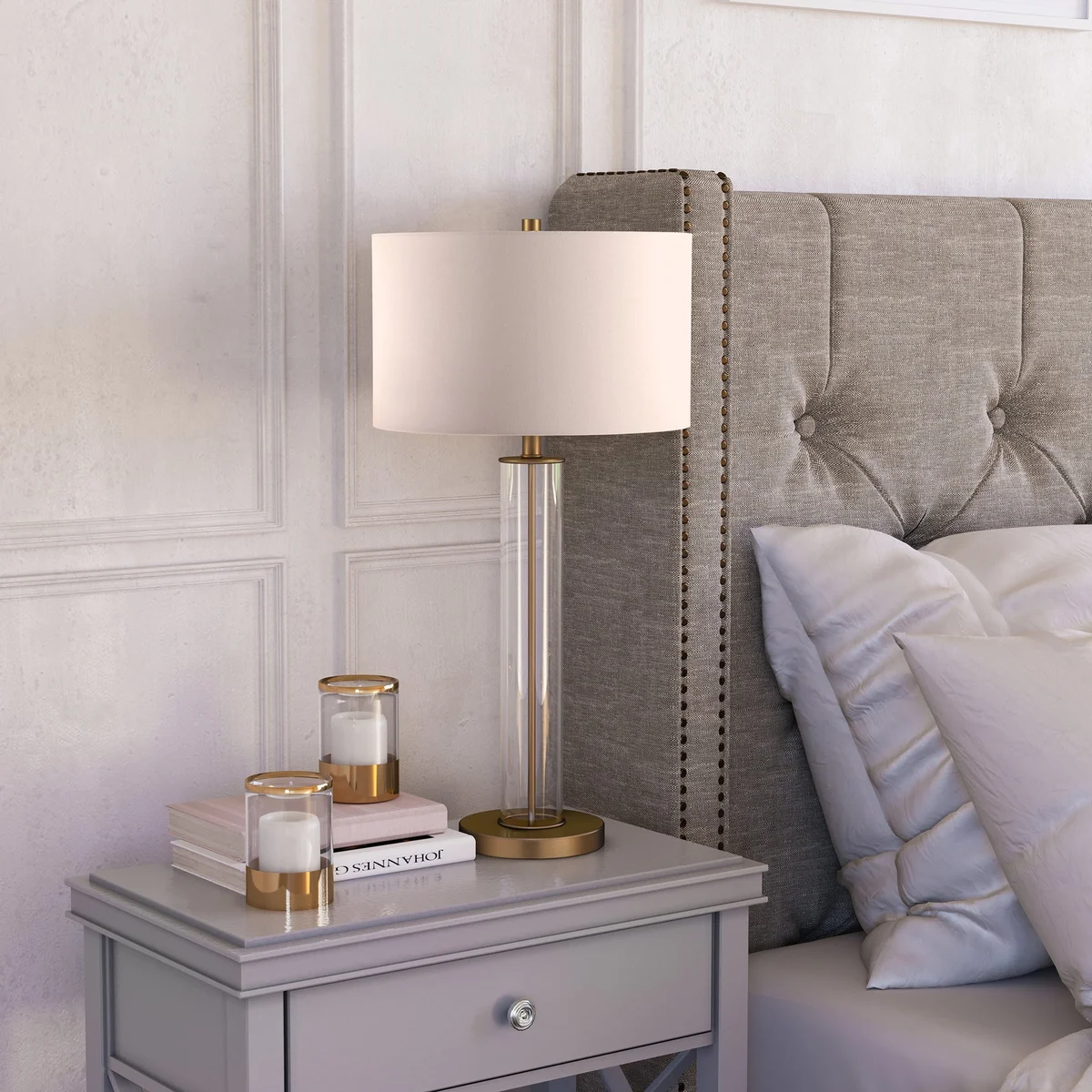 Everdaily Essentials 29" Traditional Clear Glass Table Lamp with White Drum Linen Shade Ref. 9205