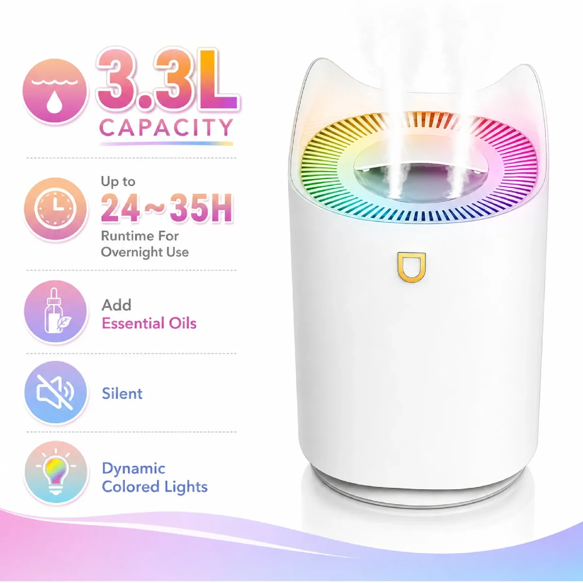 AIRFIRE 3.3L Top-fill Cool Mist Humidifier For Bedroom with Essential Oil Function, Super Quiet Air Humidifiers with Night Light - Perfect for Bedroom, O 0315