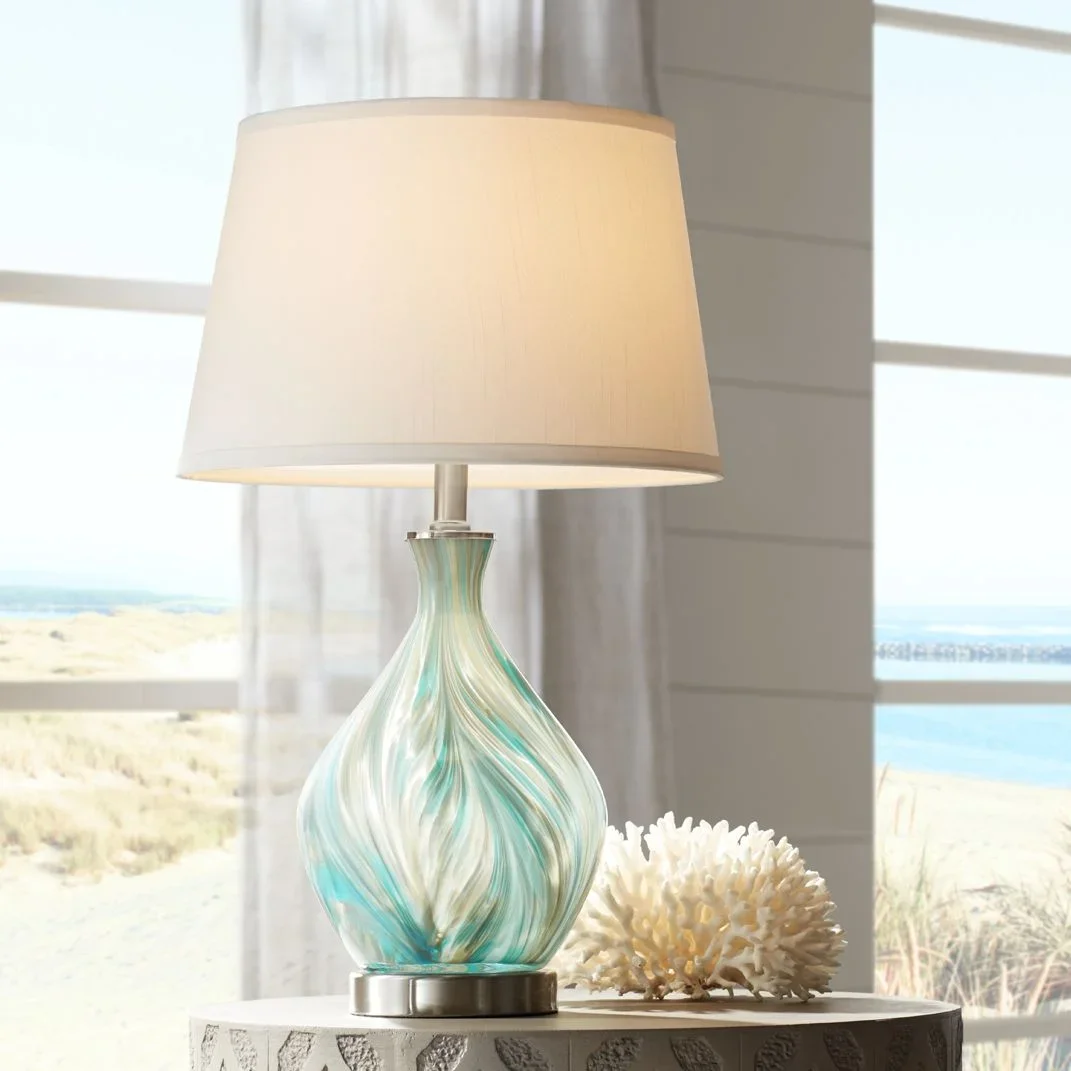 Everdaily Essentials Cirrus Modern Accent Table Lamp 22" High Blue Gray Glazed Art Glass Off White Drum Shade for Bedroom Living Room Bedside Nightstand 0308