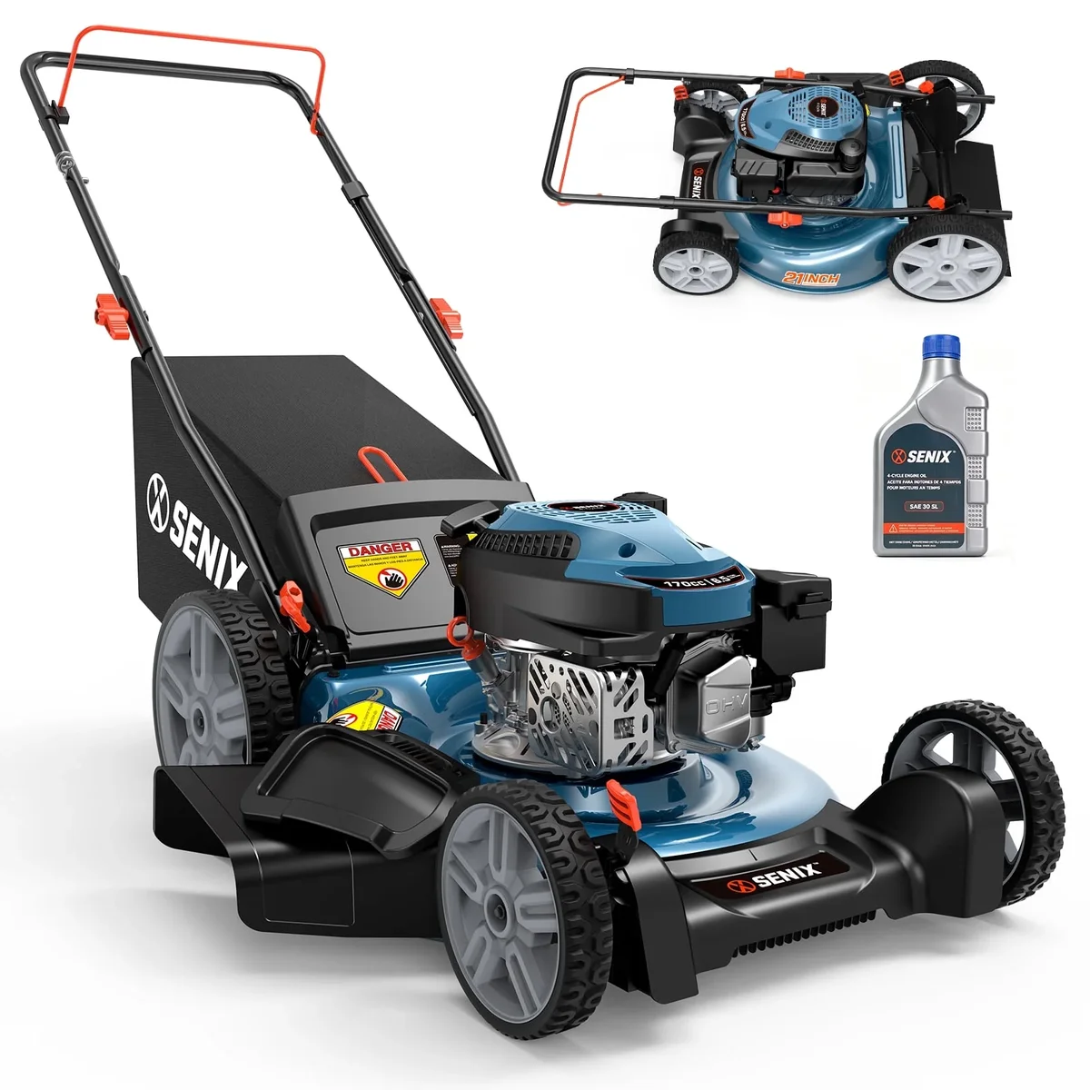 SENIX Gas Lawn Mower 21in Cutting Blade 22in Cutting Deck, 144cc 4-Cycle Engine, 3-In-1, 6-Height Adjustment, 11" Rear Wheels, LSPG-M14 4673