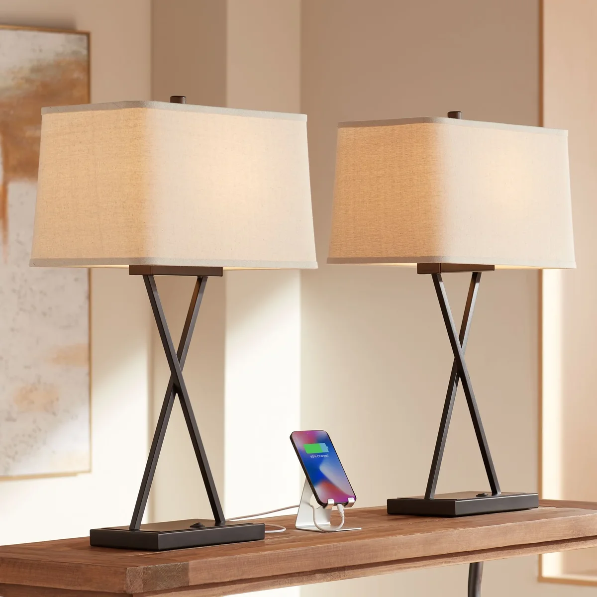 Franklin Iron Works Megan Modern Table Lamps 26 1/2" High Set of 2 Bronze Metal with USB Charging Port LED Rectangular Fabric Shade for Bedroom D 3602