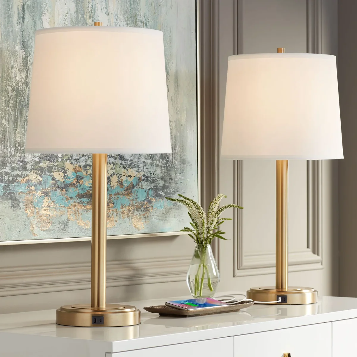 360 Lighting Camile Modern Table Lamps 25" High Set of 2 Brass Metal with USB Charging Port Oatmeal Drum Shade for Bedroom Living Room Bedside De 1272
