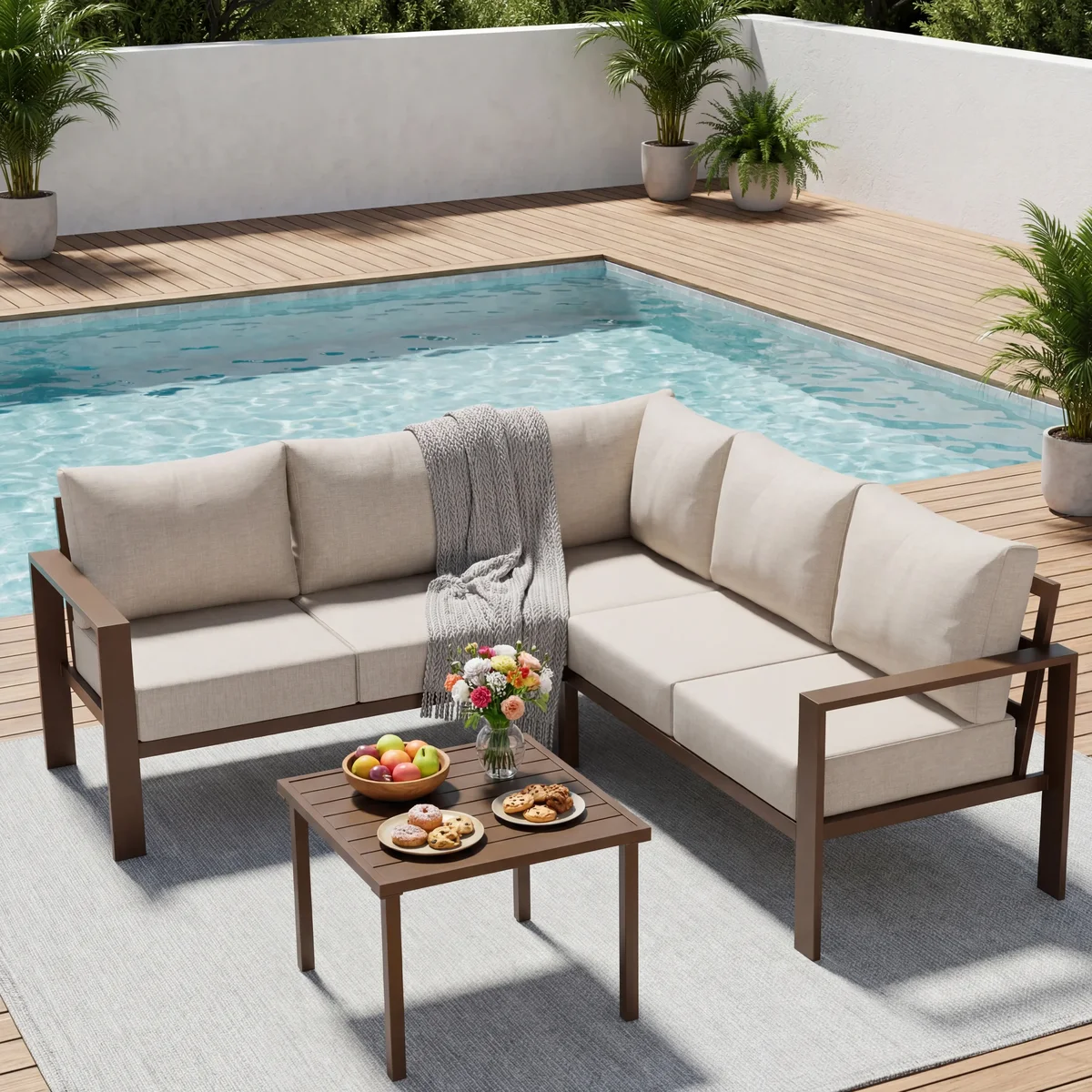Poteban 6-Piece L-Shaped Outdoor Conversation  Set, Metal Sectional Sofa with 6" Thick Olefin Cushions, Wide Armrests & Coffee Table, Beige for G 3411