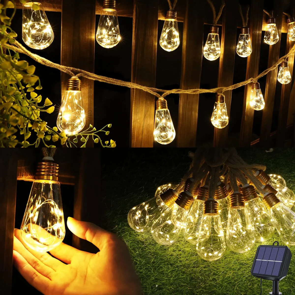 Ceevoo Solar Outdoor String Lights, 20ft Vintage Rope Hemp Solar Patio Lights, Waterproof Warm White Solar Powered String Light with 8 Modes 16 S 1401