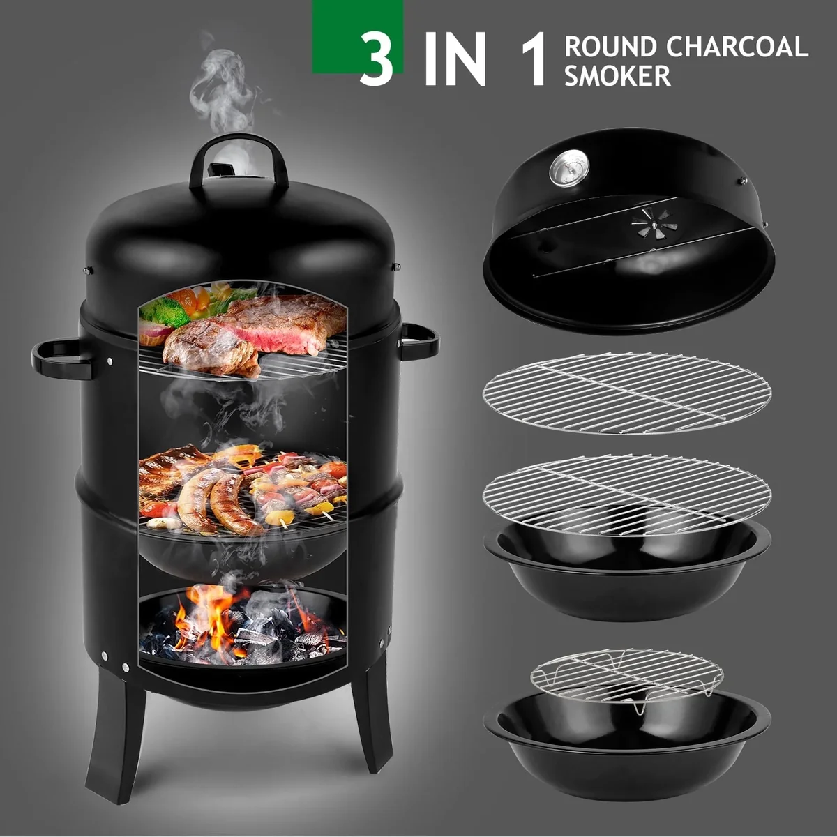 Seizeen 16" Smoker Outdoor 3-in-1 Charcoal Grill, Portable BBQ Grill Fire Pit Combo Double-layer  Design 0606
