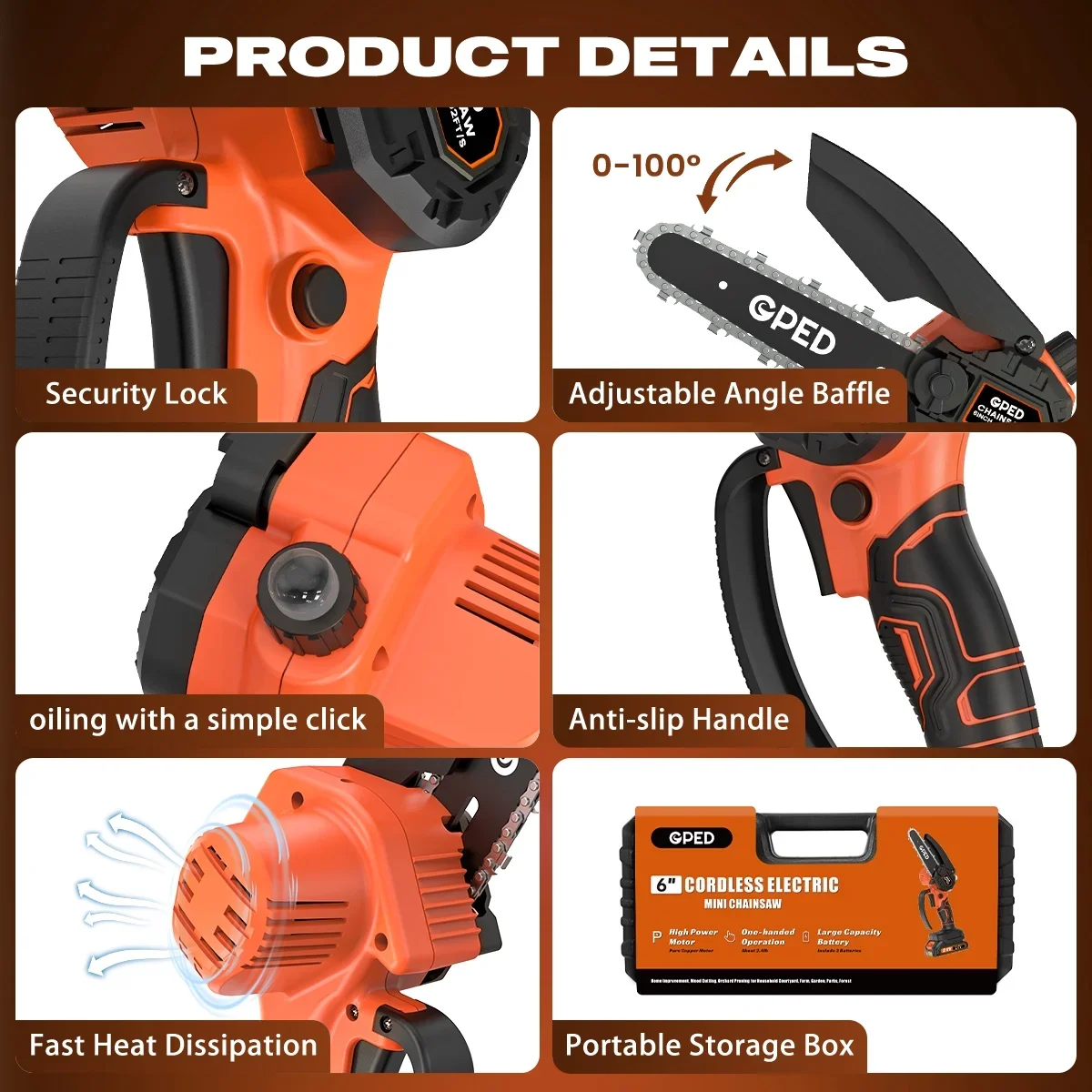 GPED 6 Inch Mini Chainsaw Cordless with 2 Batteries, Automatic Oiler Portable Electric Chain Saw, Hand Saw for Wood/Trees Cutting, Household and  9292