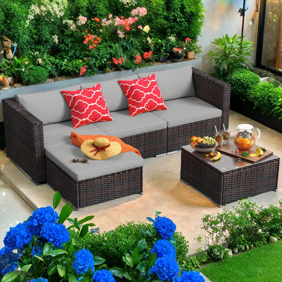 Jolifa Patio Furniture Set Clearance, 5 Pieces Outdoor Conversation Set with Wicker Sofa Set and Tempered Glass Table for Garden & Backyard, Gray 3823