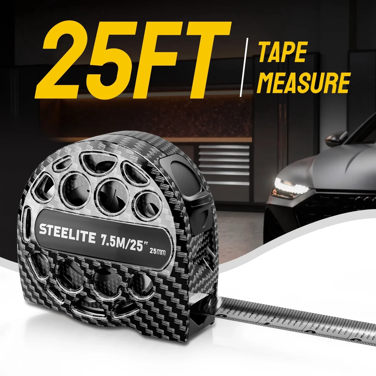 Steelite 25FT Tape Measure,Stainless Steel Measuring Tape with Lock Button,Portable Retractable Measure Ruler,Lightweight Hollow Design for Indoo 1282