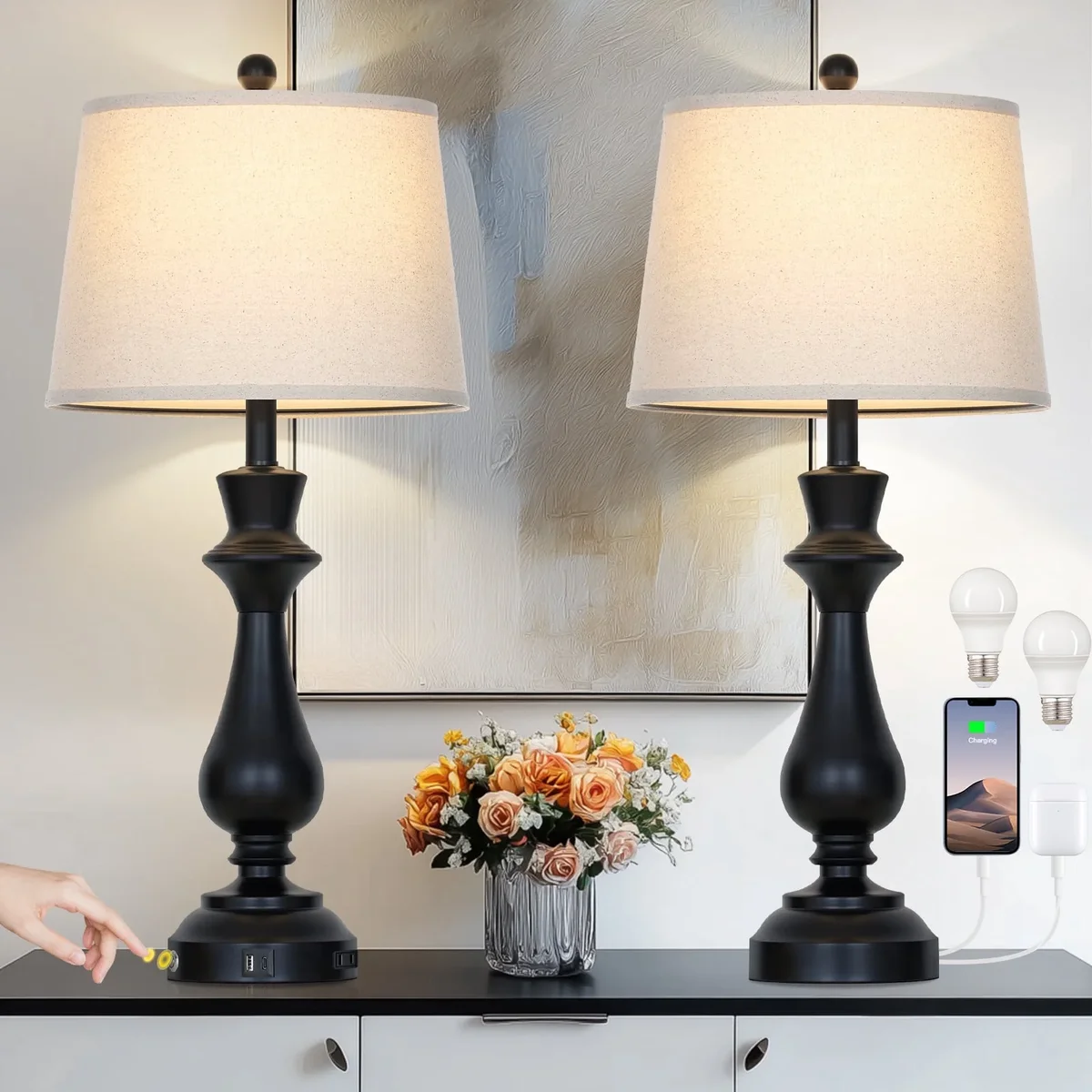 Everdaily Essentials 29.5" Tall Table Lamps Set of 2 Farmhouse Bedside Nightstands Touch Lamps for Living Room Bedroom 4808